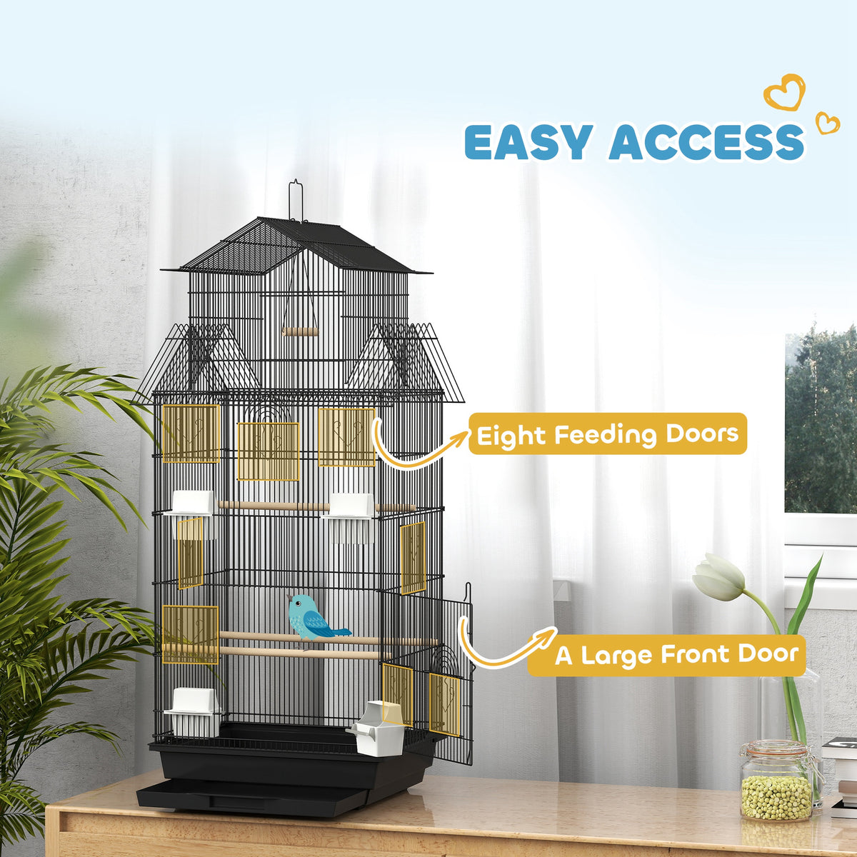Metal Bird Cage with Swing, Perch, Food Containers & Tray for Finches Canaries 43x32.5x104cm - Black