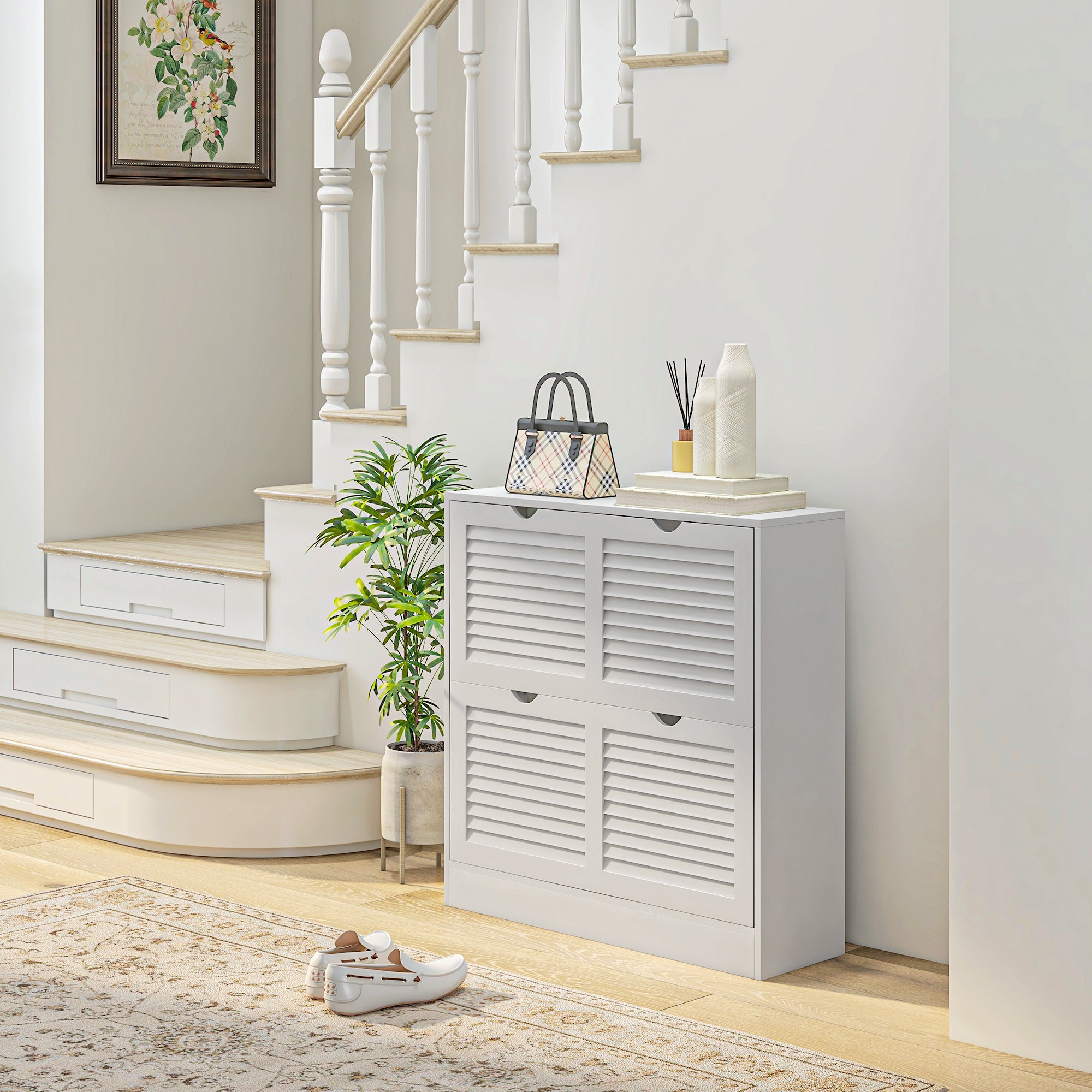 2 Drawers Entryway Shoe Cabinet, Narrow Shoe Storage Cabinet with 2 Flip Drawers, Louvred Door Design and Adjustable Shelves for 16 Pairs of Shoes, White