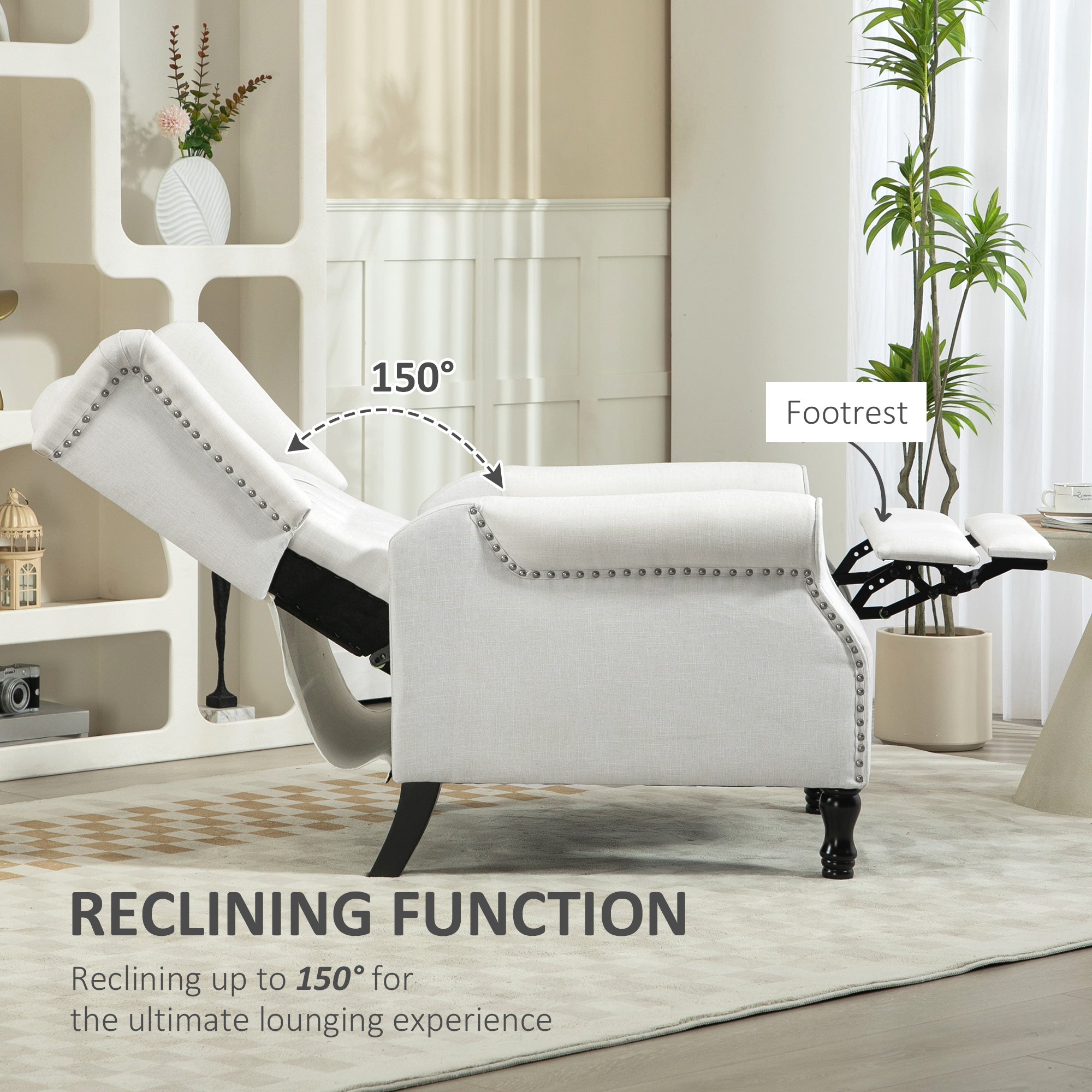 Recliner Armchair, Vintage Reclining Chair with Nail Head Trim, Wingback Chair with Button Tufted Back and Footrest, for Living Room, Cream White