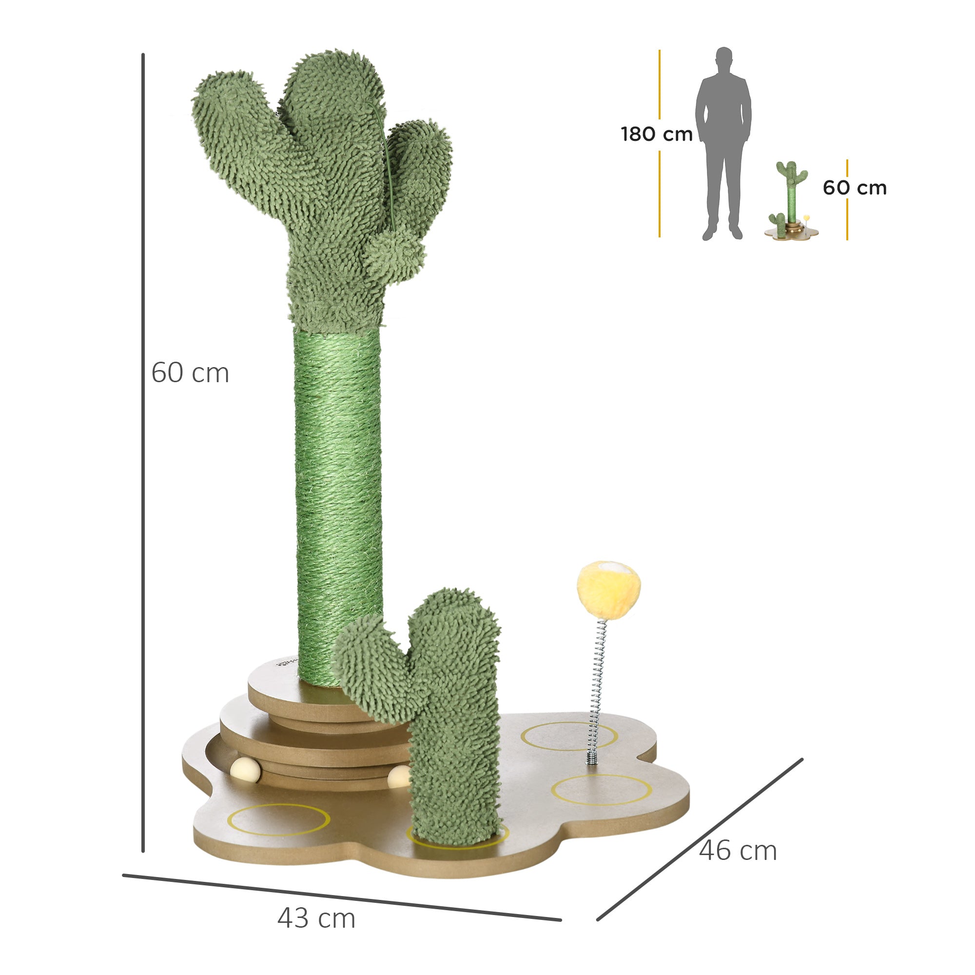 60cm Chenille Cat Tree, with Interactive Toy Balls, Sisal Scratching Posts - Green
