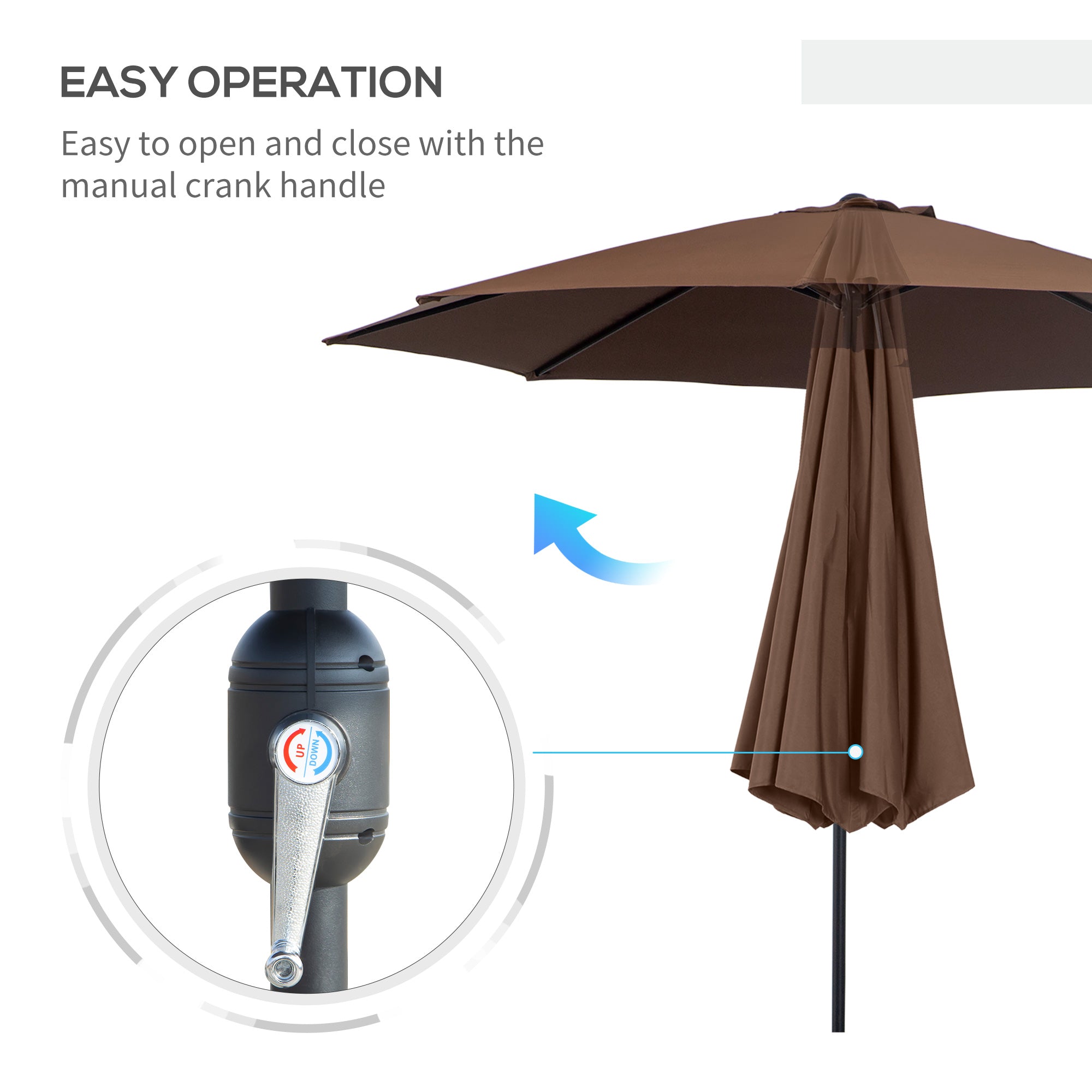 3(m) Tilting Parasol Garden Umbrellas, Outdoor Sun Shade with 8 Ribs, Tilt and Crank Handle for Balcony, Bench, Garden, Coffee
