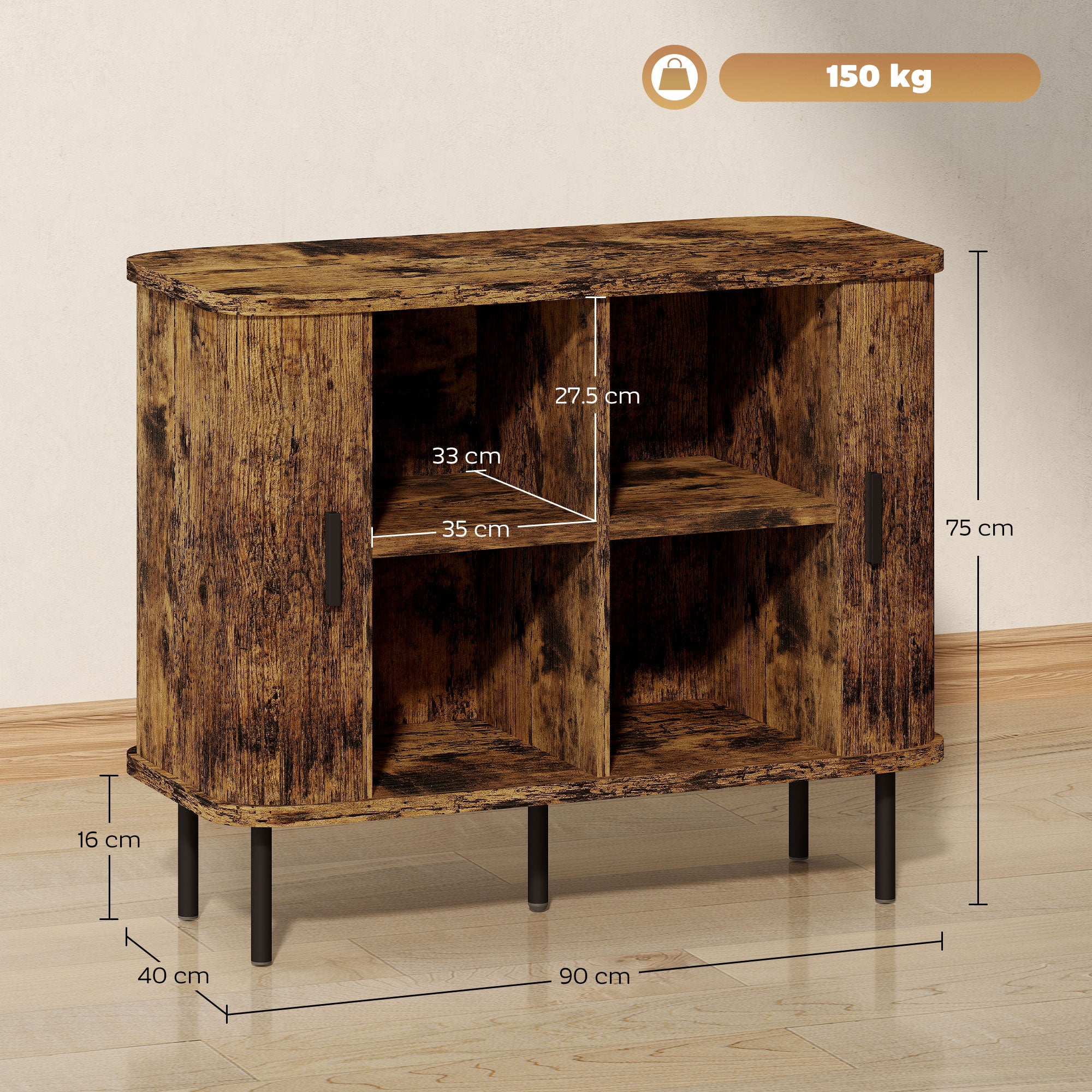 Mid-Century Modern Sideboard Storage Cabinet with Slatted Tambour Sliding Doors, Kitchen Cabinet with Steel Legs, Rustic Brown