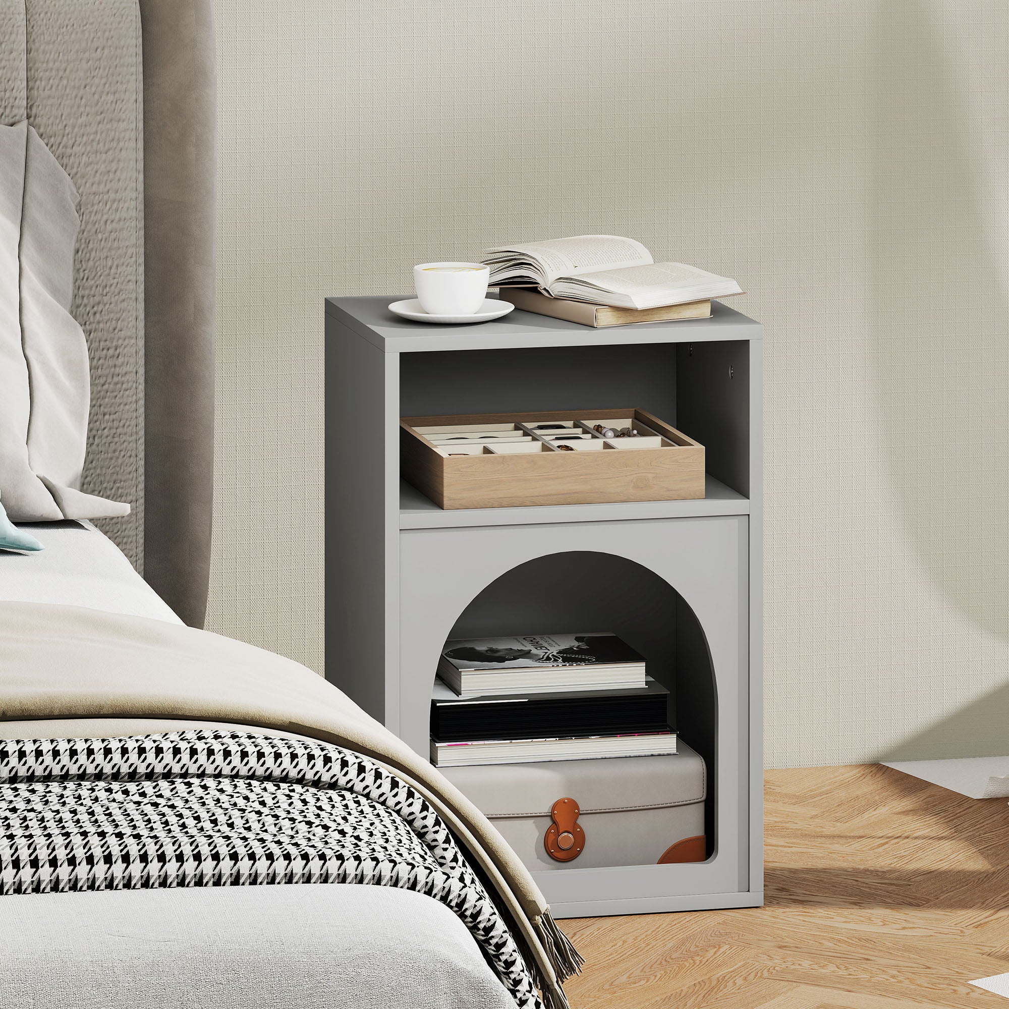 Bedside Table with 2 Open Compartments - Grey