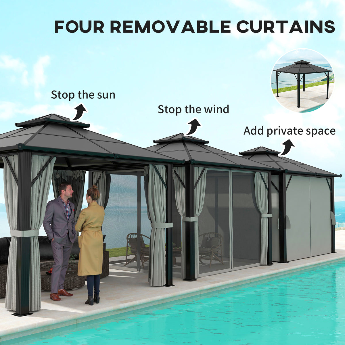 3 x 3m Hardtop Gazebo Canopy with UPF30+ Double Polycarbonate Roof, Aluminium Frame, Mosquito Netting & Curtains - Grey