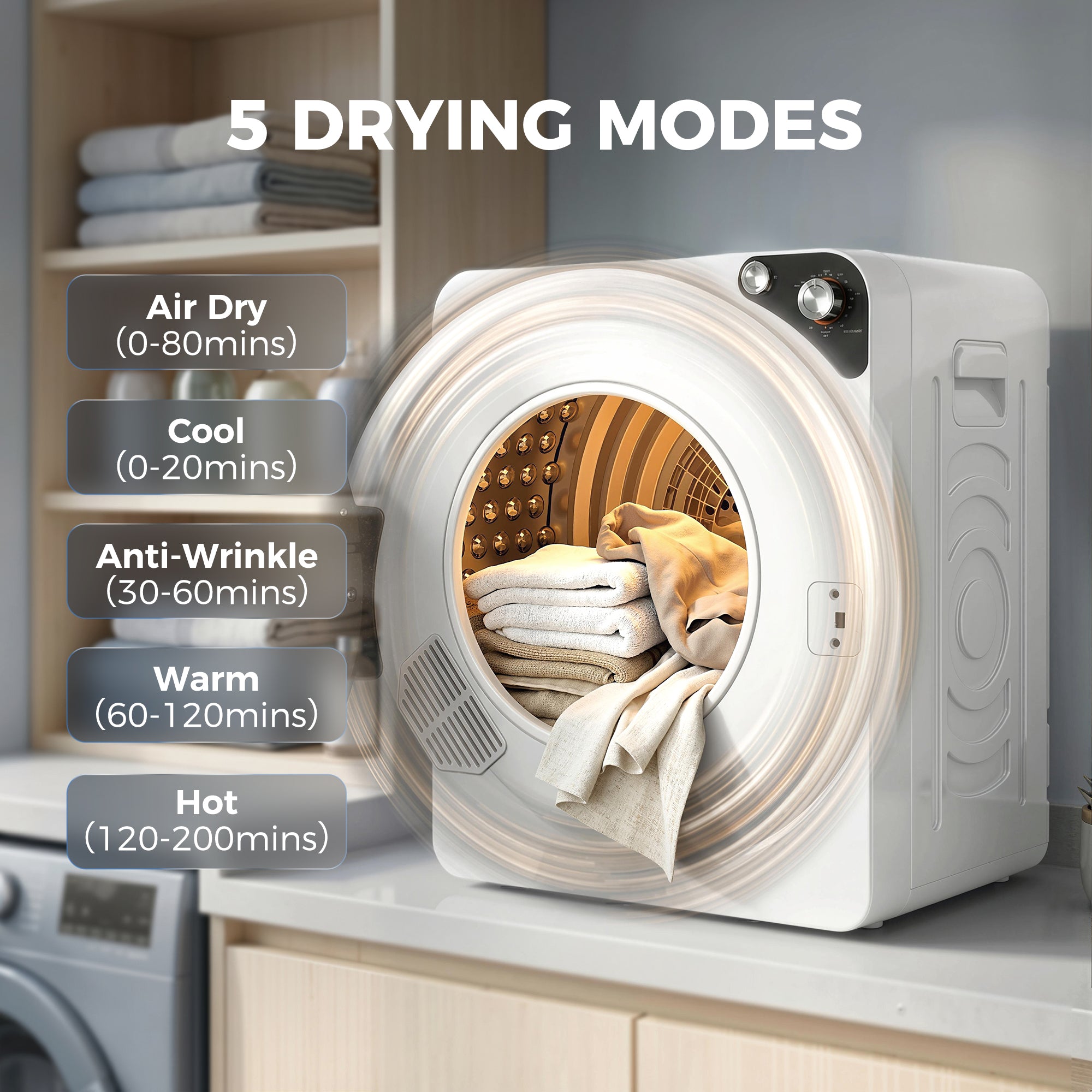 5kg Vented Tumble Dryer, 1000W Compact Tumble Dryer with 5 Drying Modes, Stainless Steel Tub, White