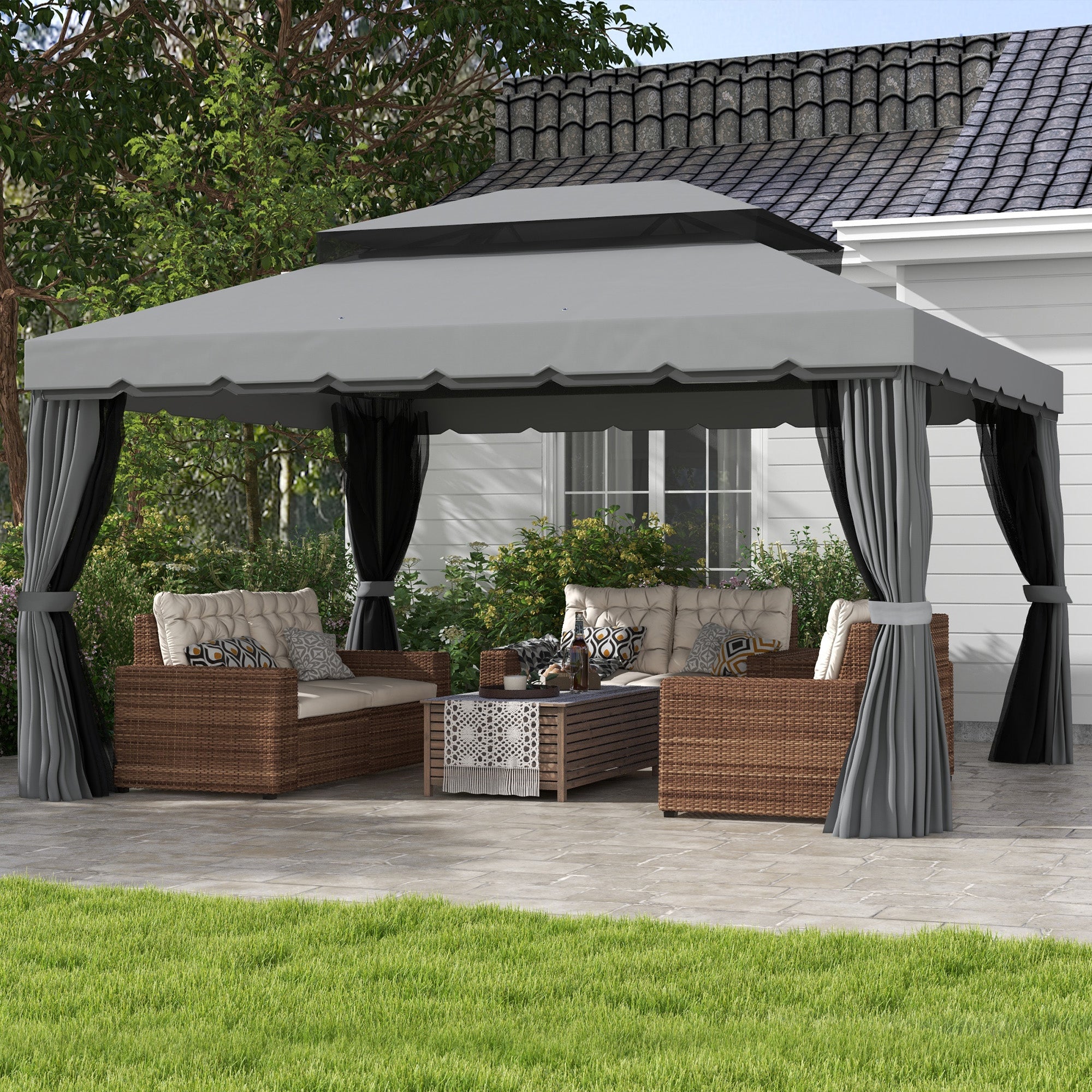 3 x 4m Aluminium Garden Gazebo, Marquee Canopy Shelter Pavilion Party Tent with Nets and Curtains for Garden and Deck, Light Grey