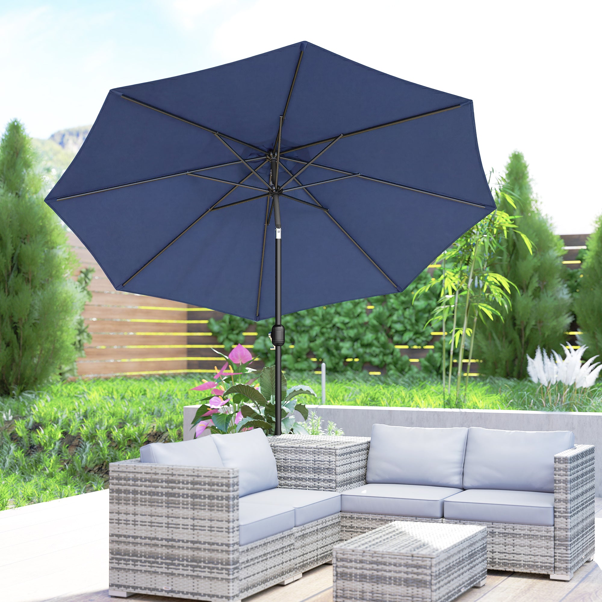 3 m Garden Parasol Umbrellas, Outdoor Sun Shade with 8 Ribs, Tilt and Crank Handle, Navy Blue