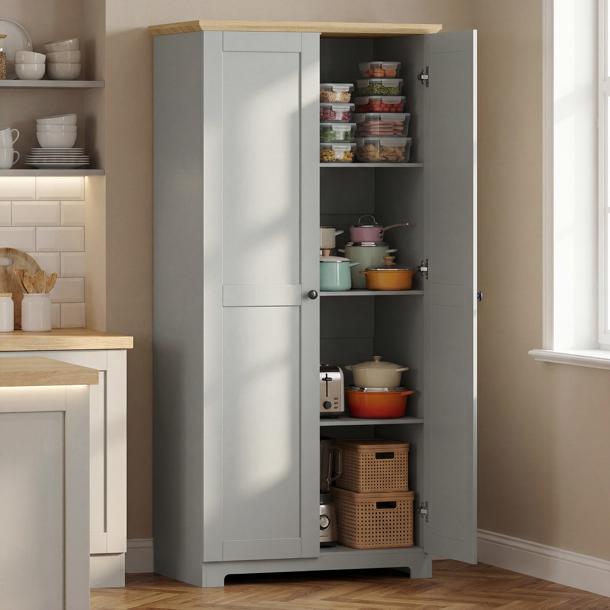 Kitchen Cupboard, 172cm Freestanding Storage Cabinet with Doors and Shelves, Grey