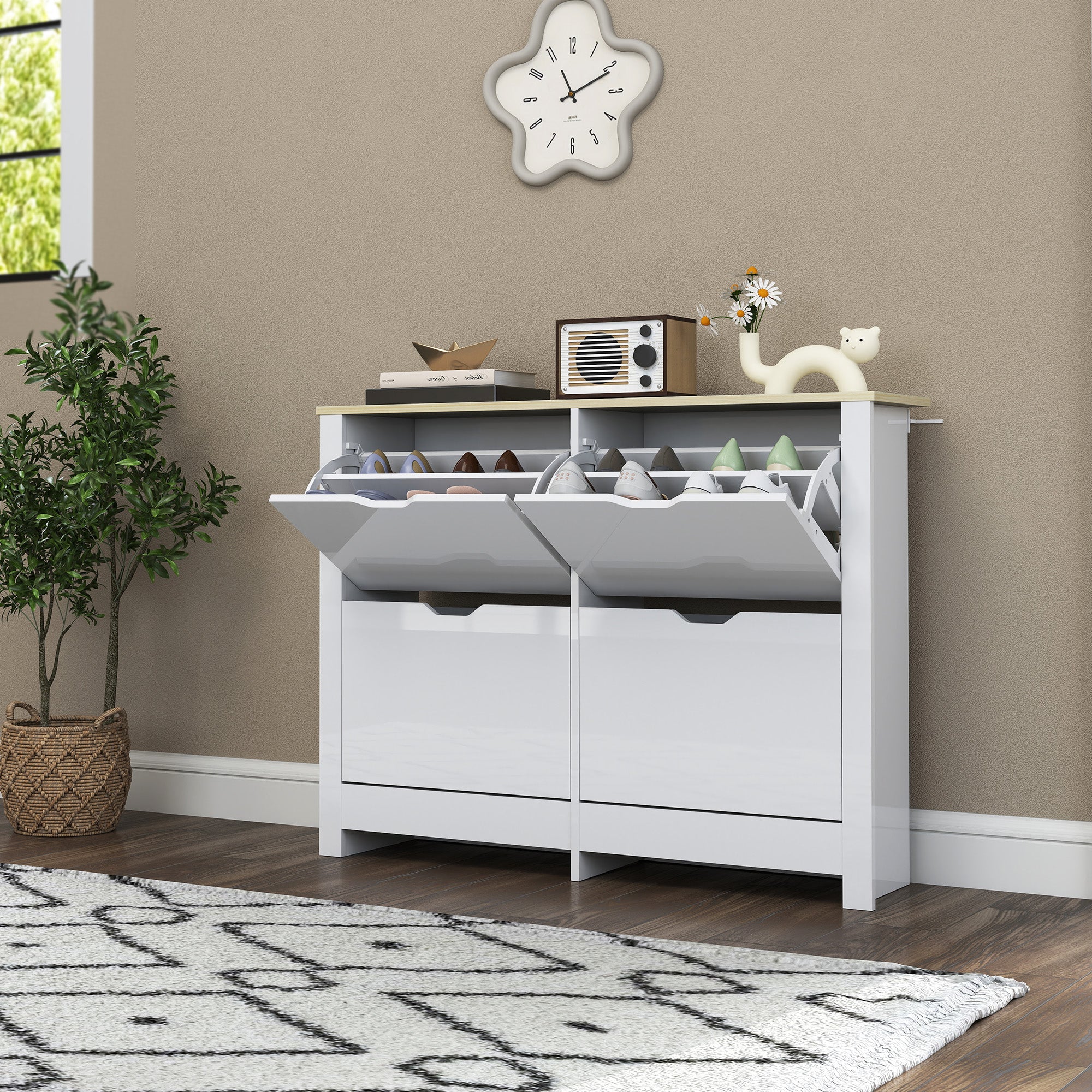 Slim Shoe Cabinet, Narrow Shoe Cupboard with 4 Flip Drawers, Adjustable Shelves for 16 Pairs of Shoes, White