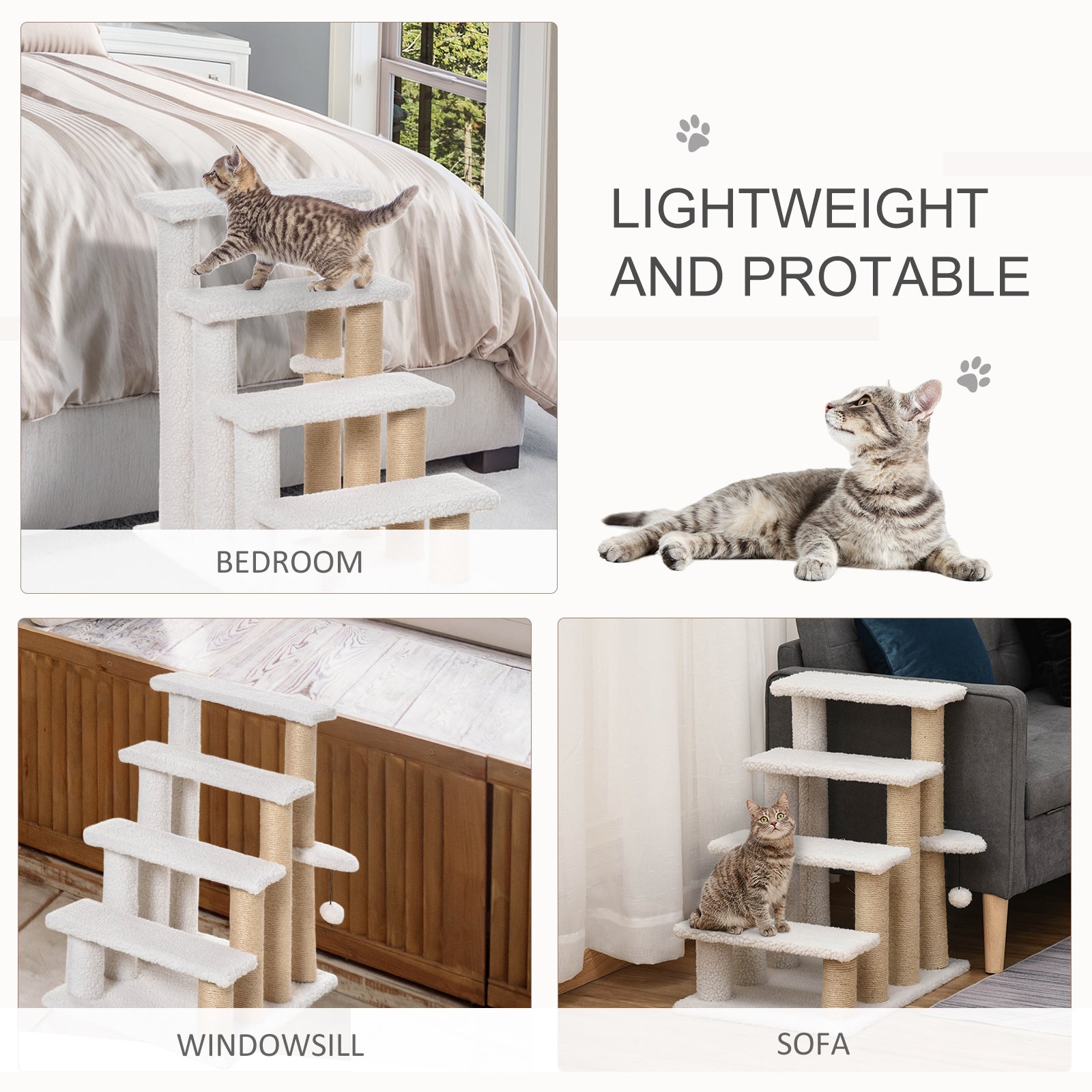 Pet Stair with 4-step Climb Ladder, Scratching Posts, Platforms, Toy Ball, for Indoor Elderly Cats Kittens, White