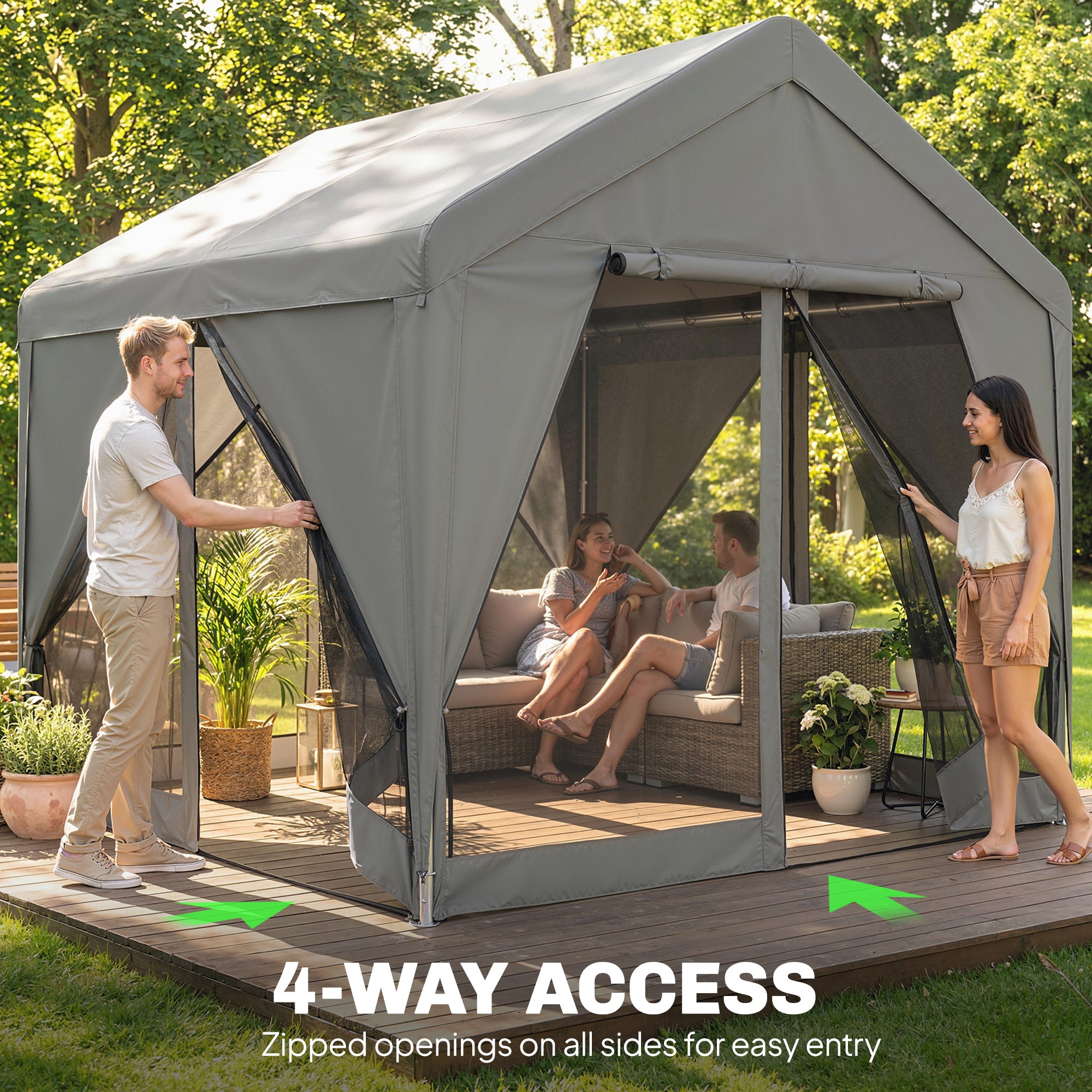 3 x 3 m Patio Gazebo with Netting & Curtains, Outdoor Canopy Shelter with Galvanised Steel Frame, Dark Grey