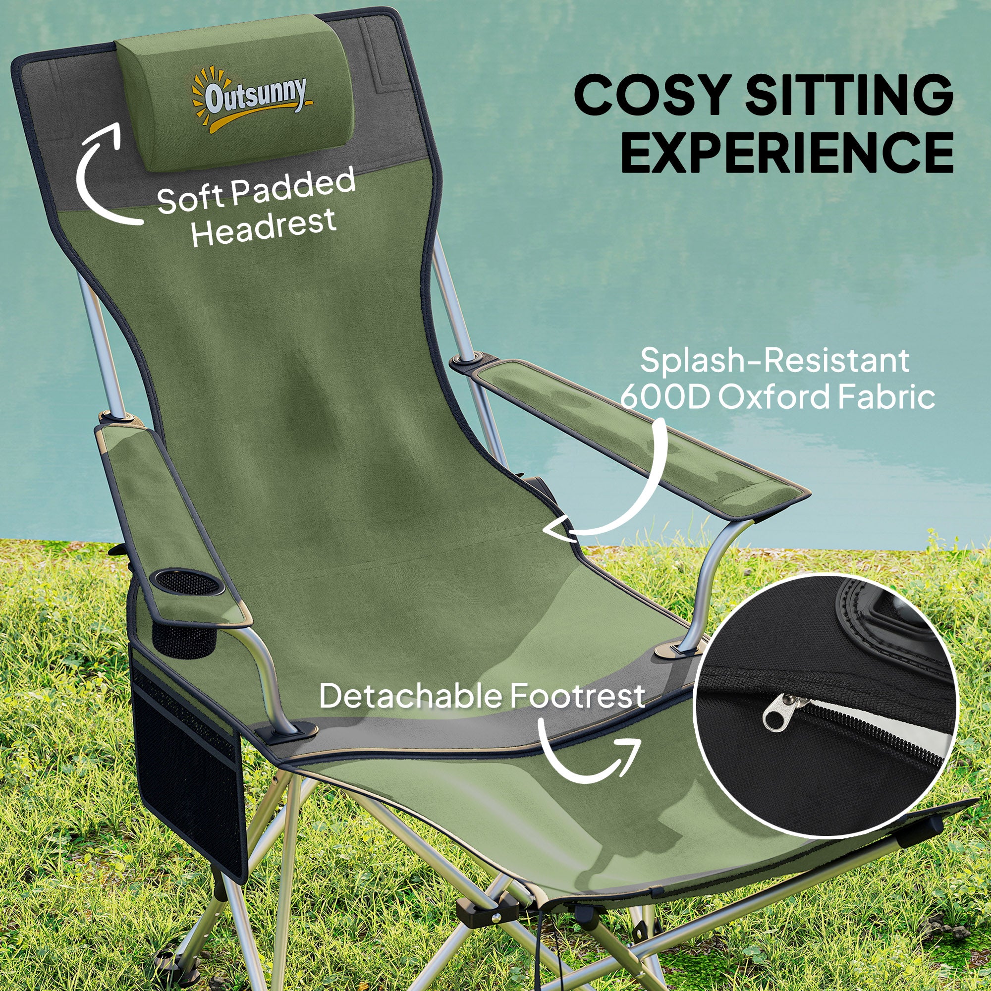 Set of 2 Reclining Folding Camping Chair w/ Detachable Footrest, Storage Bag, Cup Holder & Headrest, Lightweight Portable Camp Chair for Beach, Picnic, Olive Green and Grey