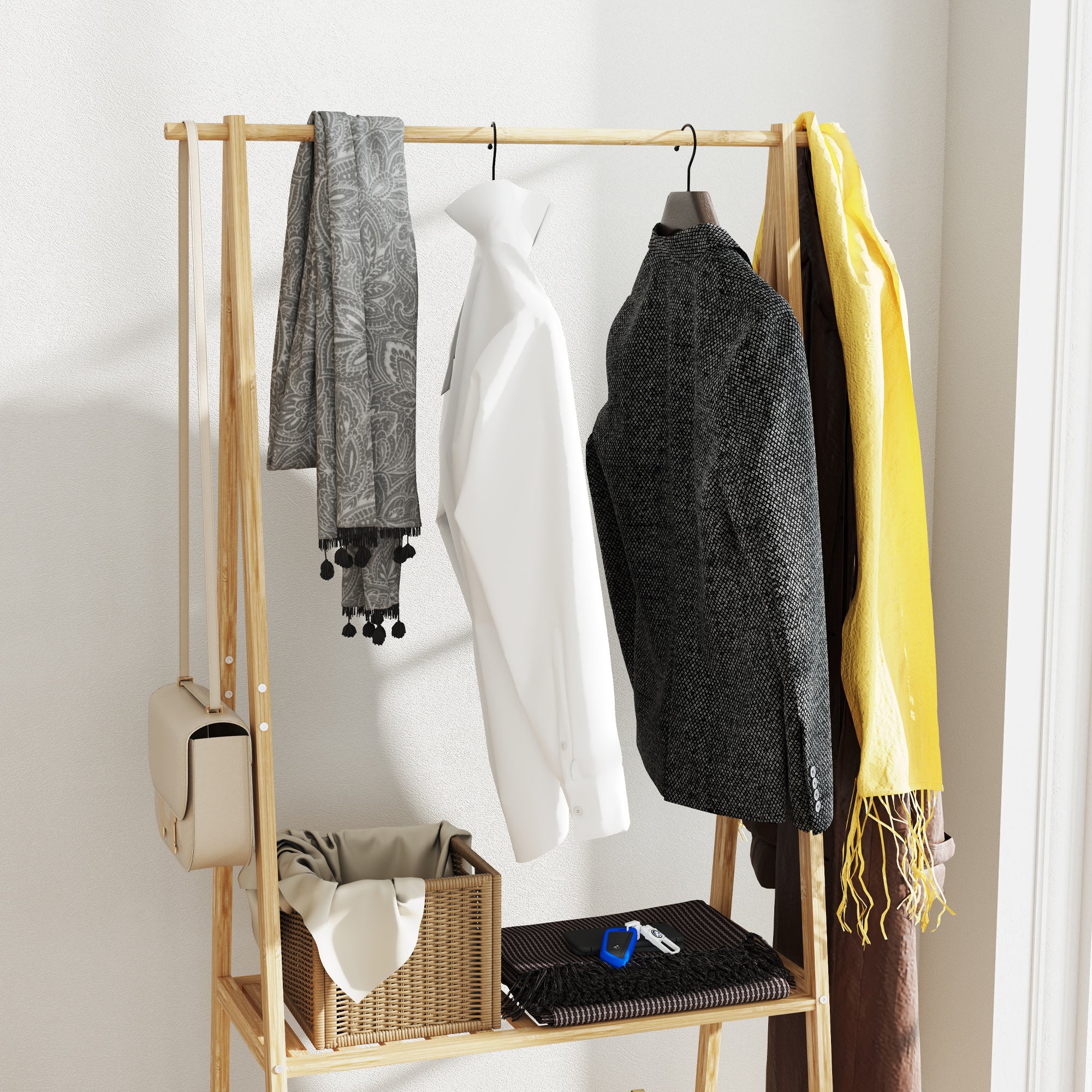 Bamboo Clothes Rack, with Shelves and Hooks - Natural Finish