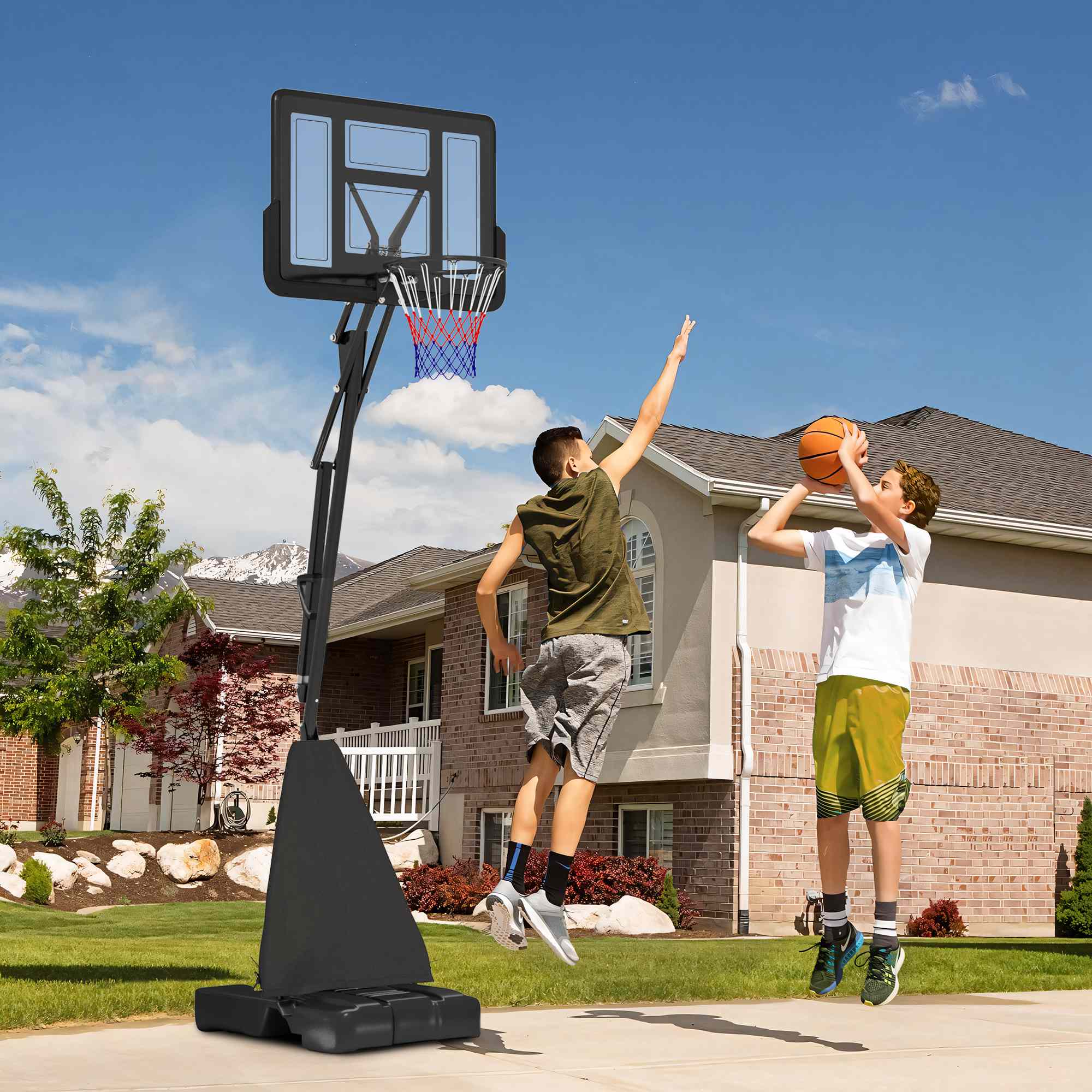 Basketball Hoop Outdoor, Height Adjustable Basketball Hoop and Stand with Rebound System, Weighted Base, Portable on Wheels, 2.45-3.05m, for Teens, Juniors, Adults, Black