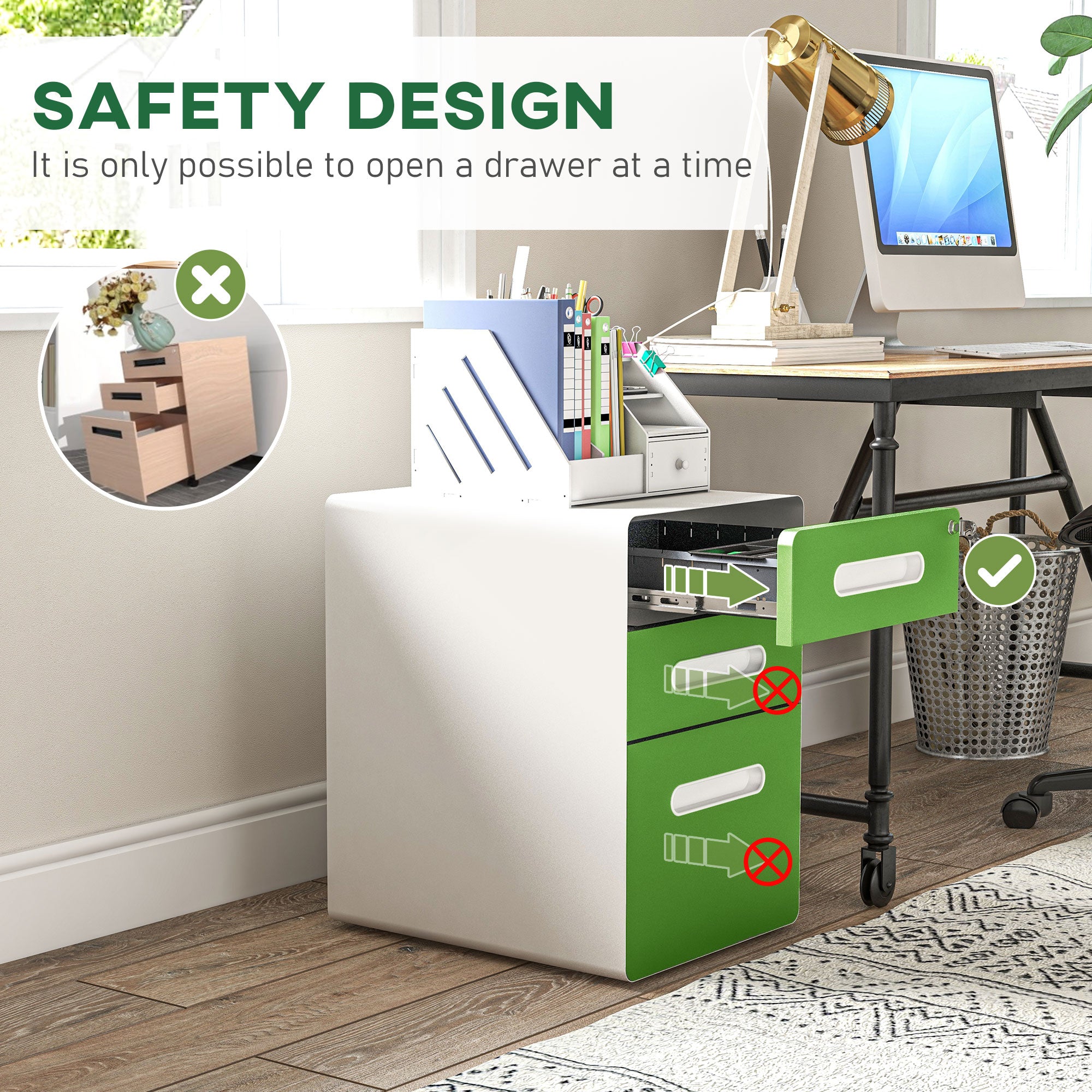 3 Drawer Filing Cabinet, Steel Lockable File Cabinet with Lock and Wheels, for A4, Letter, Legal Sized Files, Green