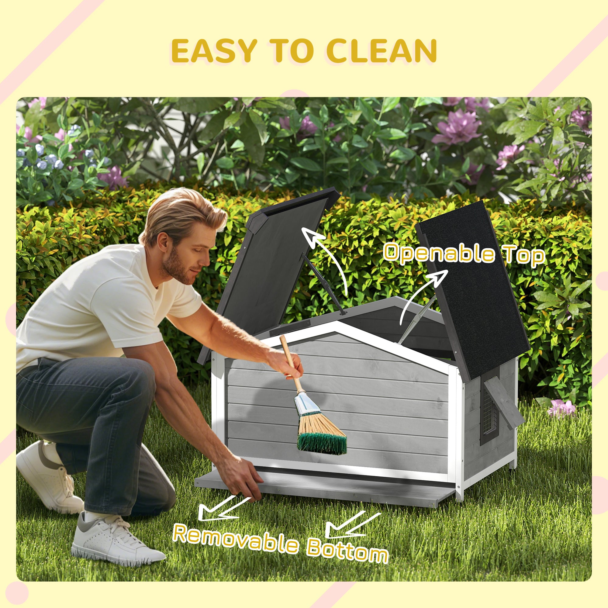 Wooden Dog Kennel for Outside, for Small Dogs, 65H x 97L x 72Wcm, Grey