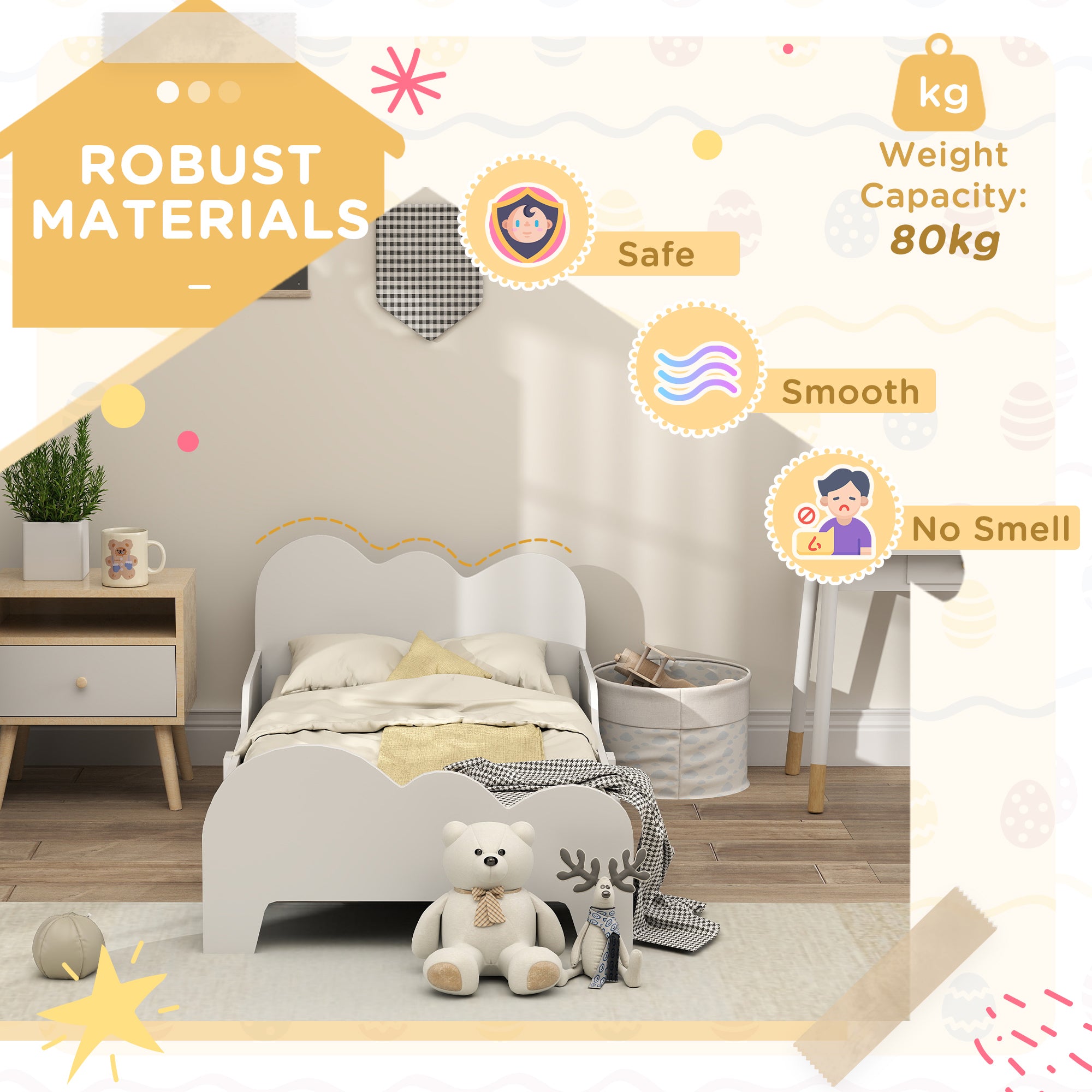 Cloud-Themed Toddler Bed Frame with Safety Rails 143.5x74.5x56cm - White