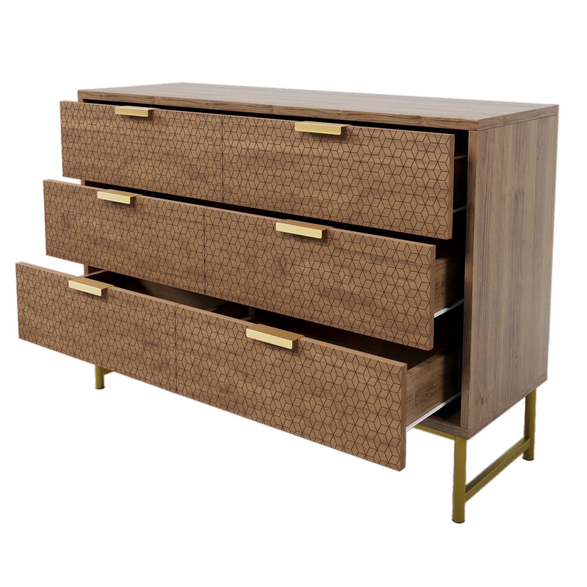 Embossed Design Sideboard Cabinet Dresser with 6 Drawers, Anti-tip, Storage Cabinet for Hallway, 120L x 40W x 75H cm, Walnut