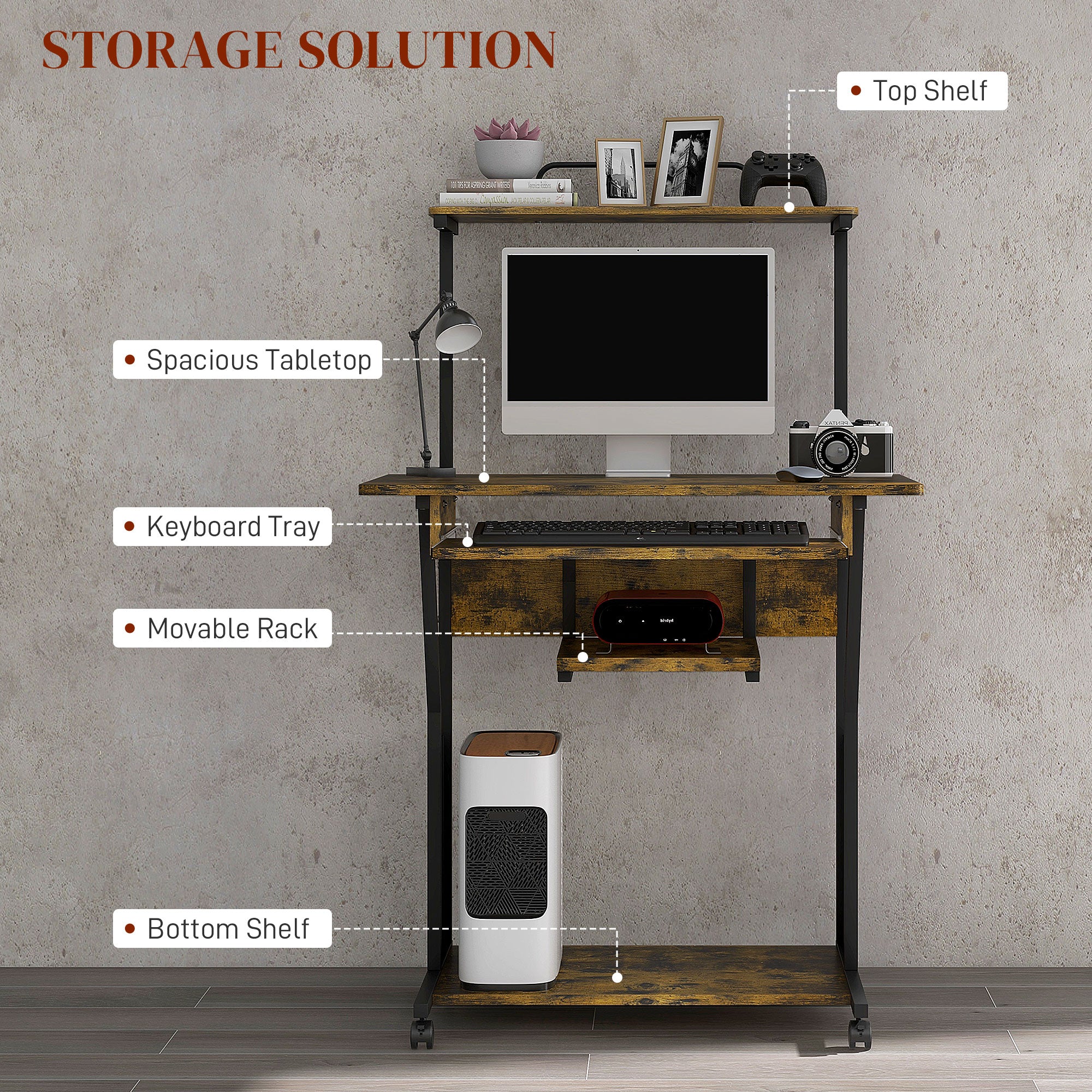 Multi-Storage Work Desk, with Sliding Keyboard Tray - Brown/Black