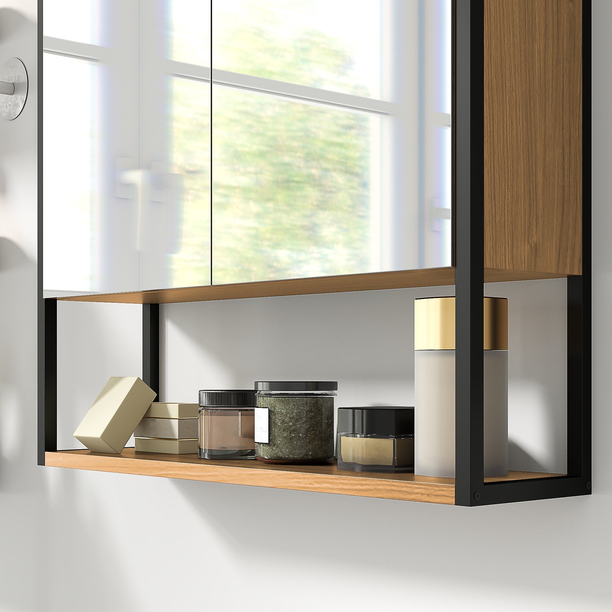 Bathroom Mirror Cabinet with Soft-Close Doors and Adjustable Shelf - Natural Wood Finish