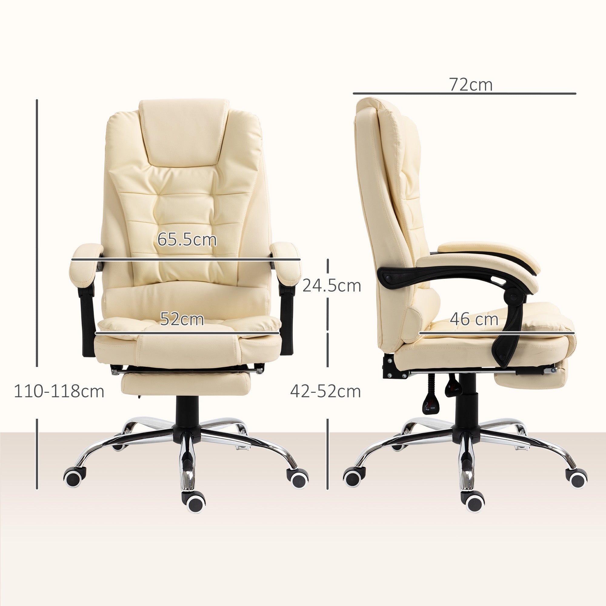 Executive Office Chair, Home Office Chair with Swivel Wheels, Reclining Backrest, Retractable Footrest, Cream White