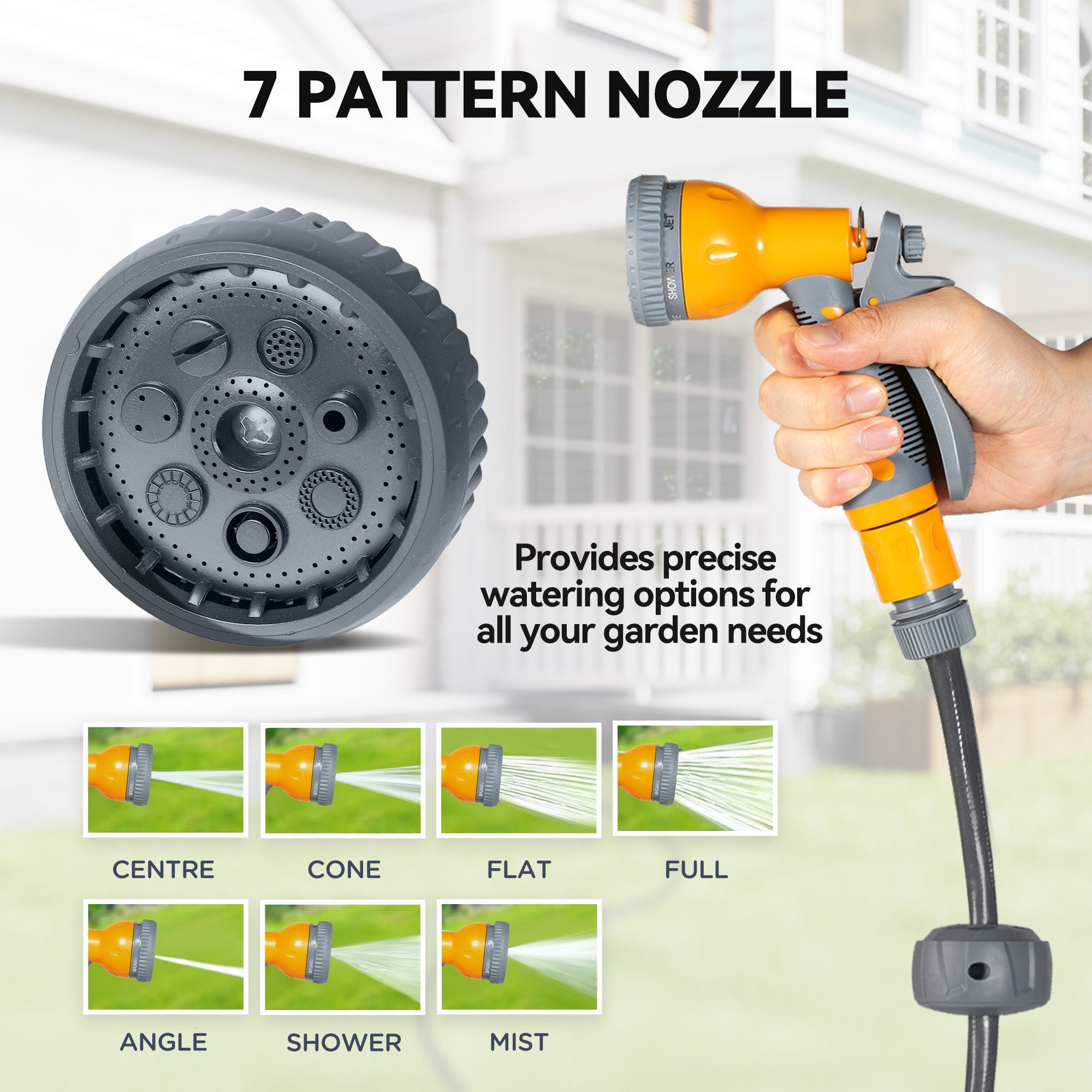 Retractable Hose Reel Wall Mounted, 30+2m Garden Hose Pipe Reel with Lock, Auto Rewind, 7 in 1 Spray Nozzle, Includes Wall Fixings, 180° Swivel, Outdoor Watering, 59 x 23 x 42 cm, Orange