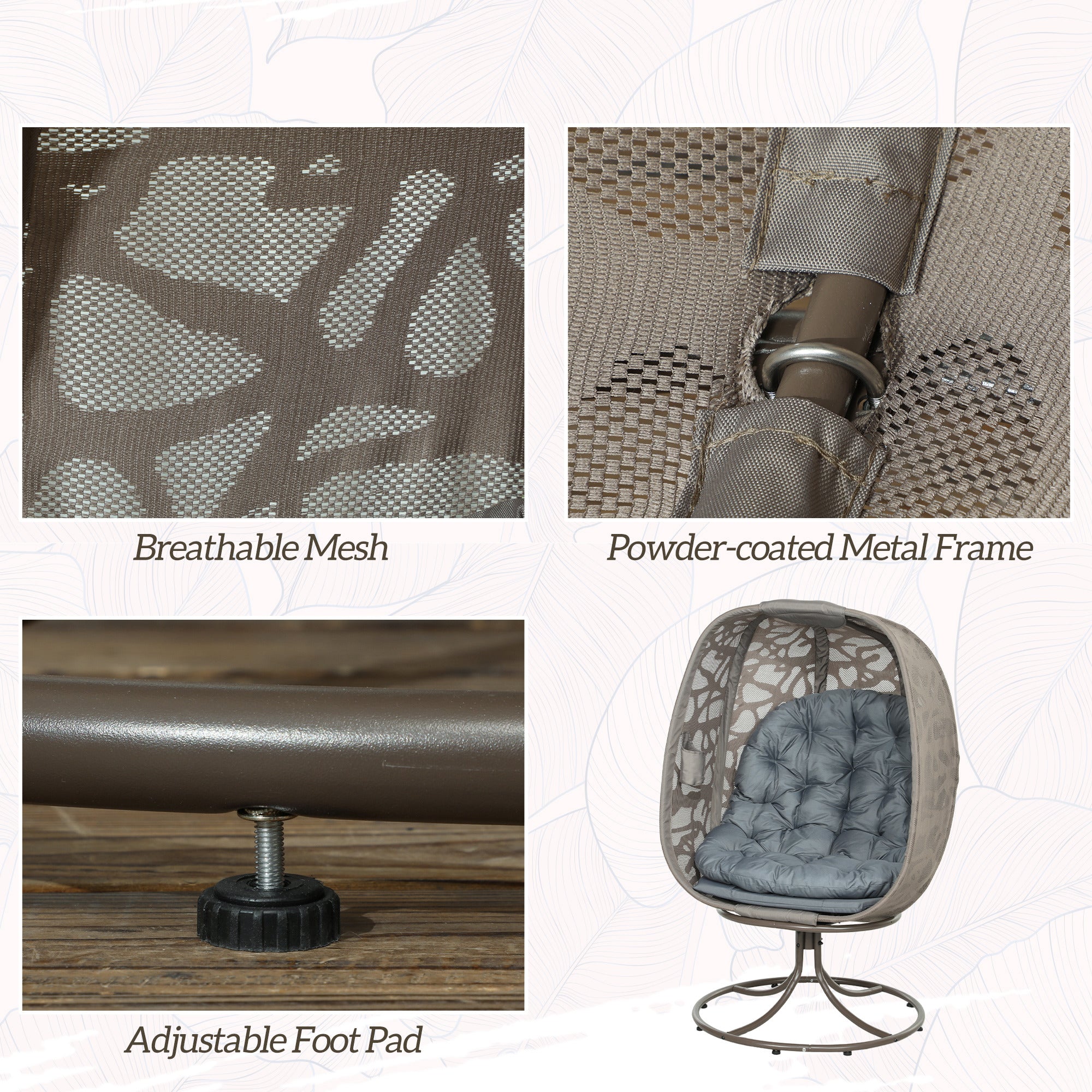 Swivel Egg Chair with Cushions and Metal Frame - Grey