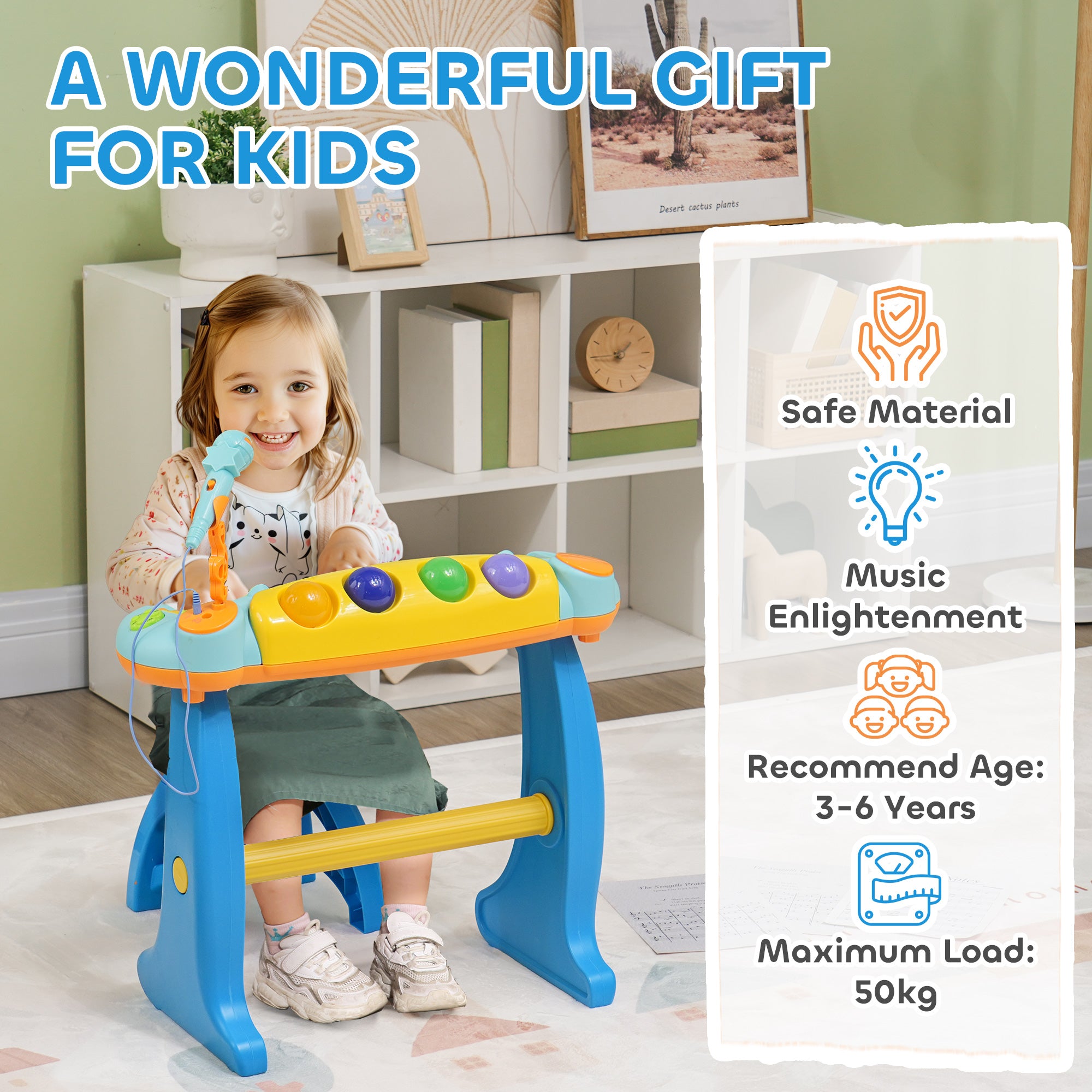 37-Key Kids Piano w/ Microphone, Stool, LED Lights, Record & Replay, Function, Blue