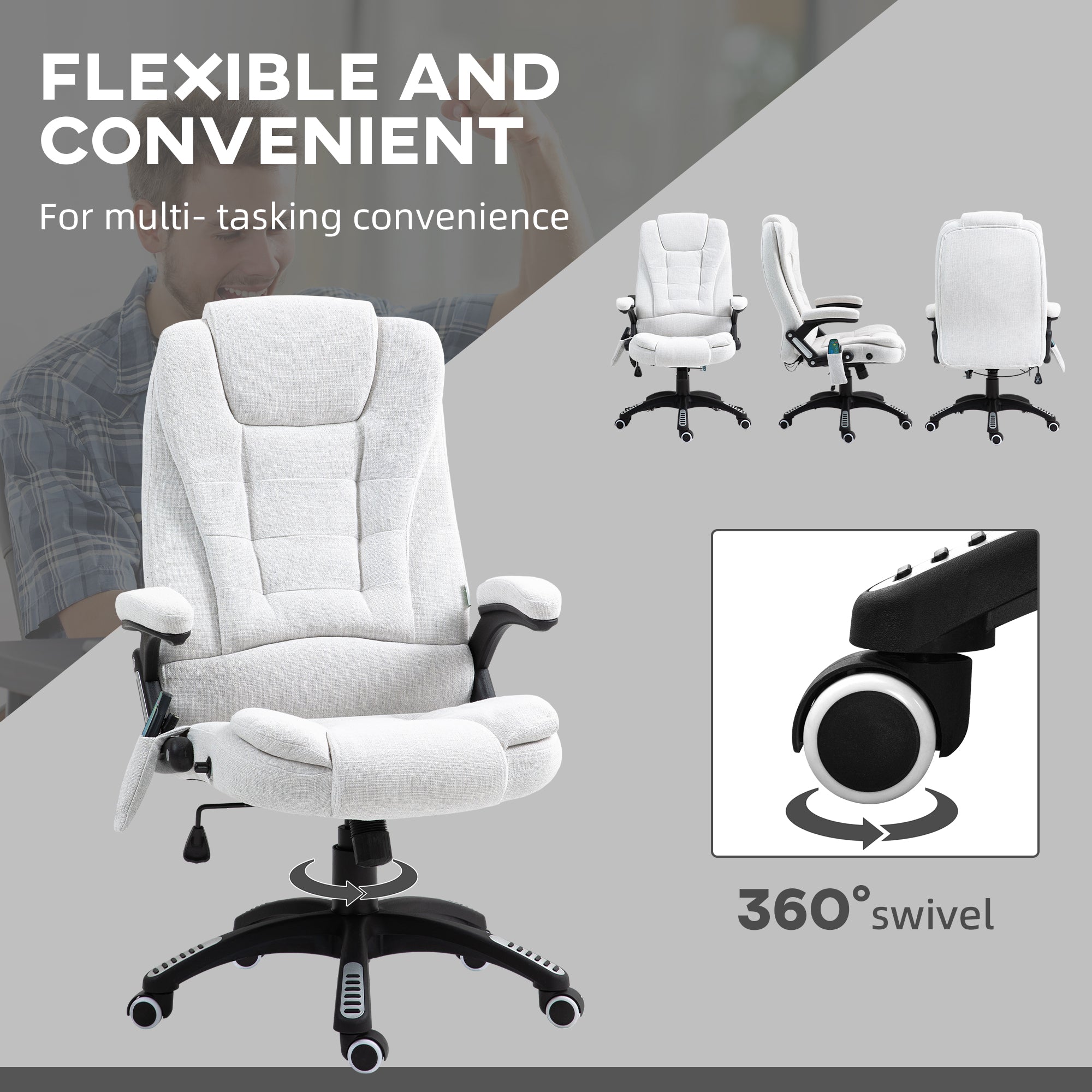 Massage Recliner Chair Heated Office Chair with Six Massage Points Linen-Feel Fabric 360° Swivel Wheels Cream White