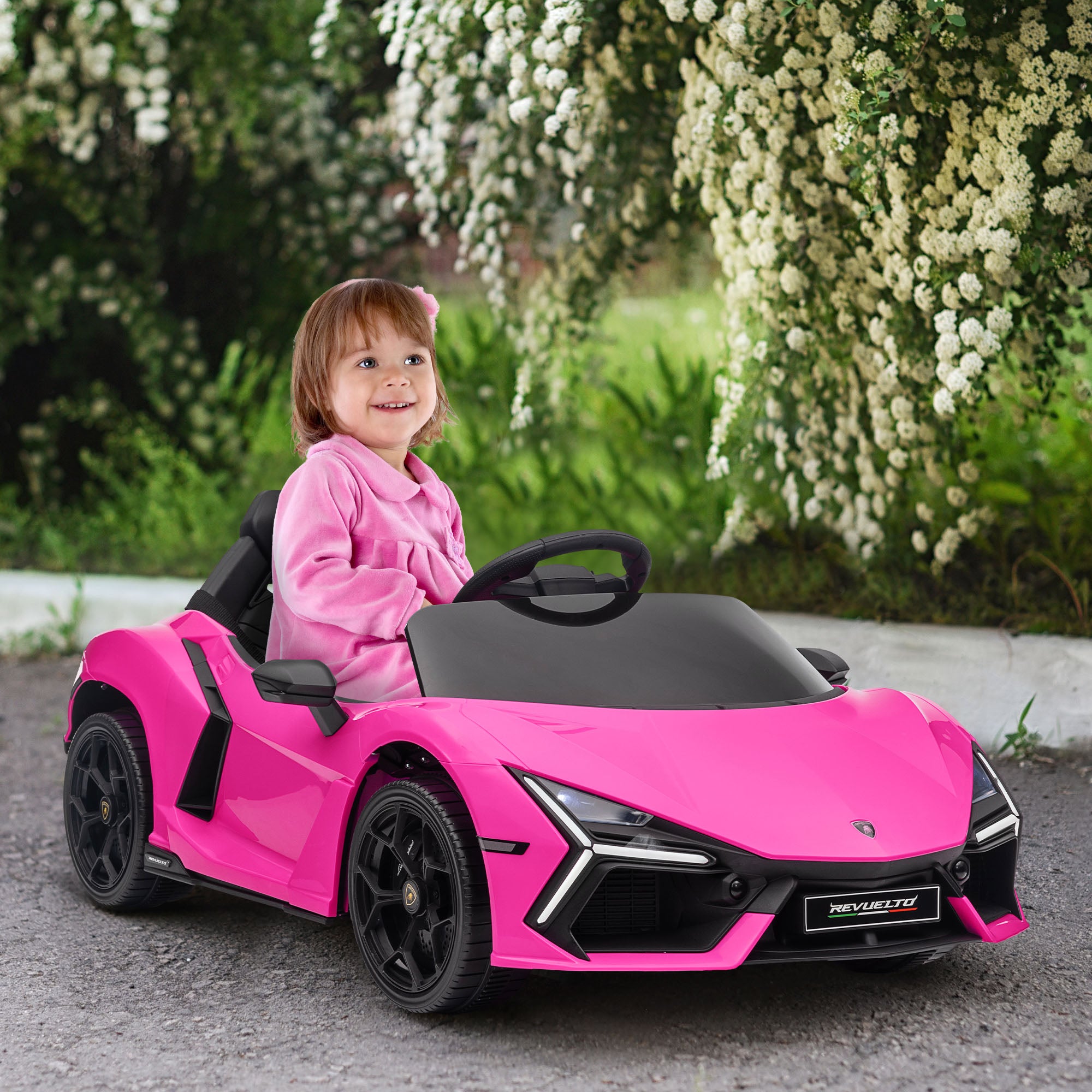 Lamborghini Revuelto Licensed 12V Ride on Car w/ Butterfly Doors, Transport Wheels, Suspension, Remote Control, Pink