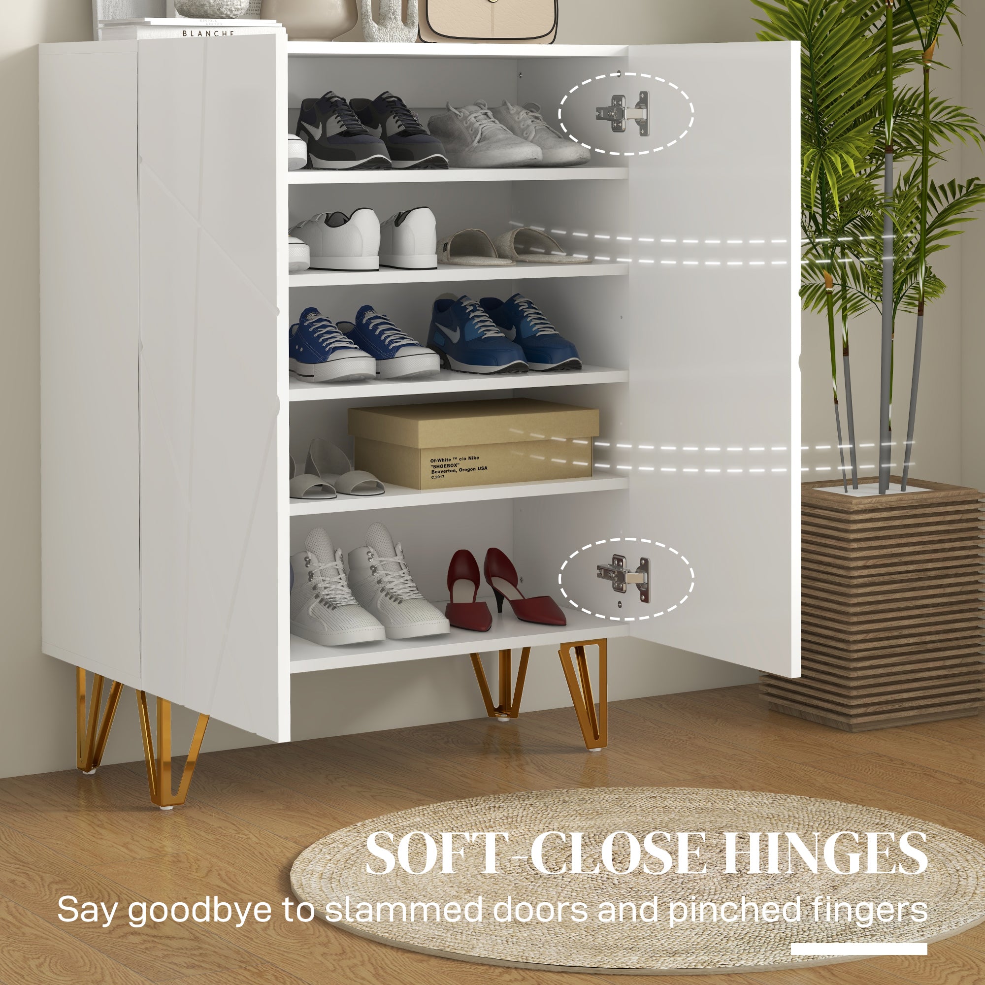 Narrow Shoe Storage Cabinet with Soft-Close Hinges and Adjustable Shelves for 15-20 Pairs of Shoes, White