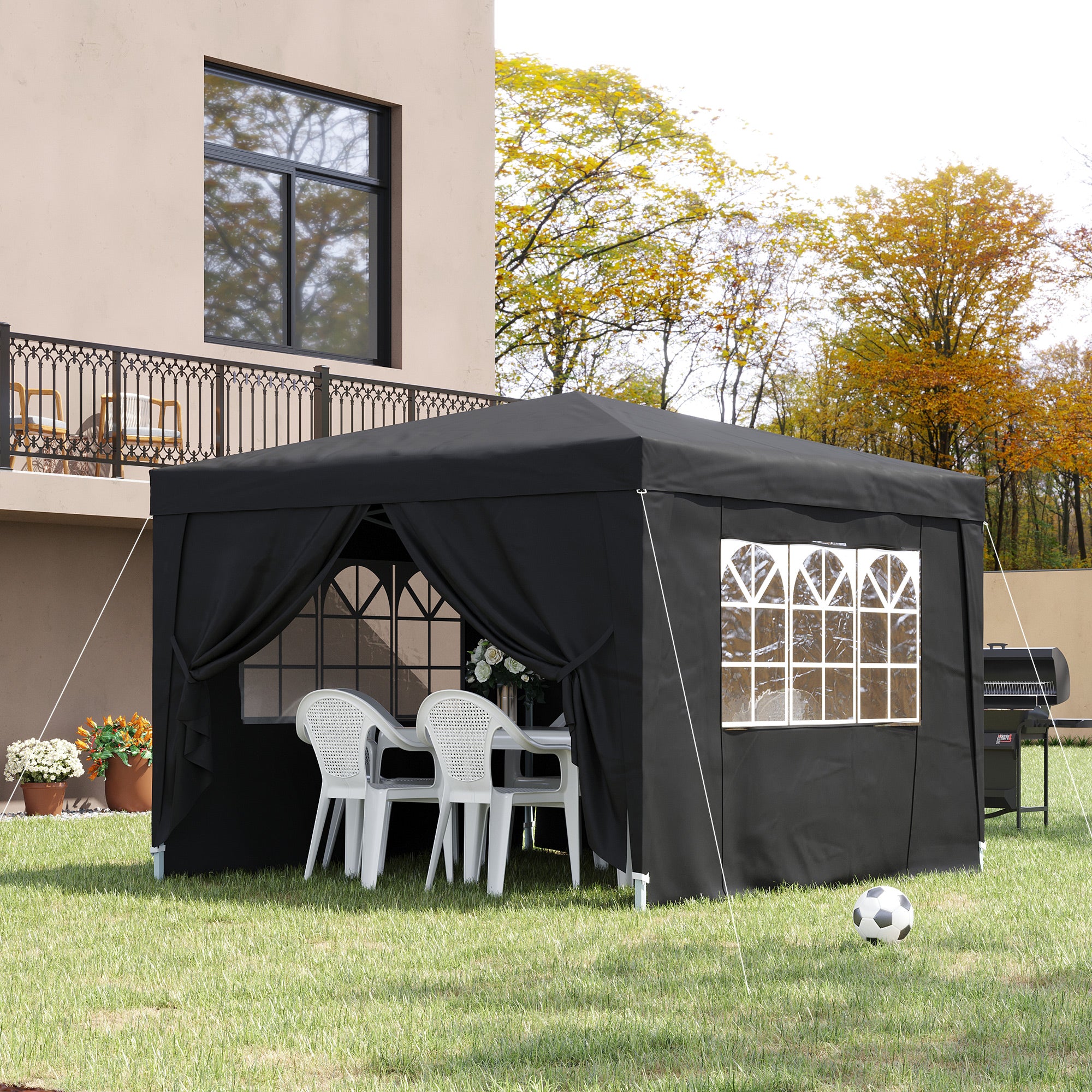 3 x 3 m Garden Pop Up Gazebo, Wedding Party Tent Marquee, Water Resistant Awning Canopy with Sidewalls, Windows, Carry Bag, Black