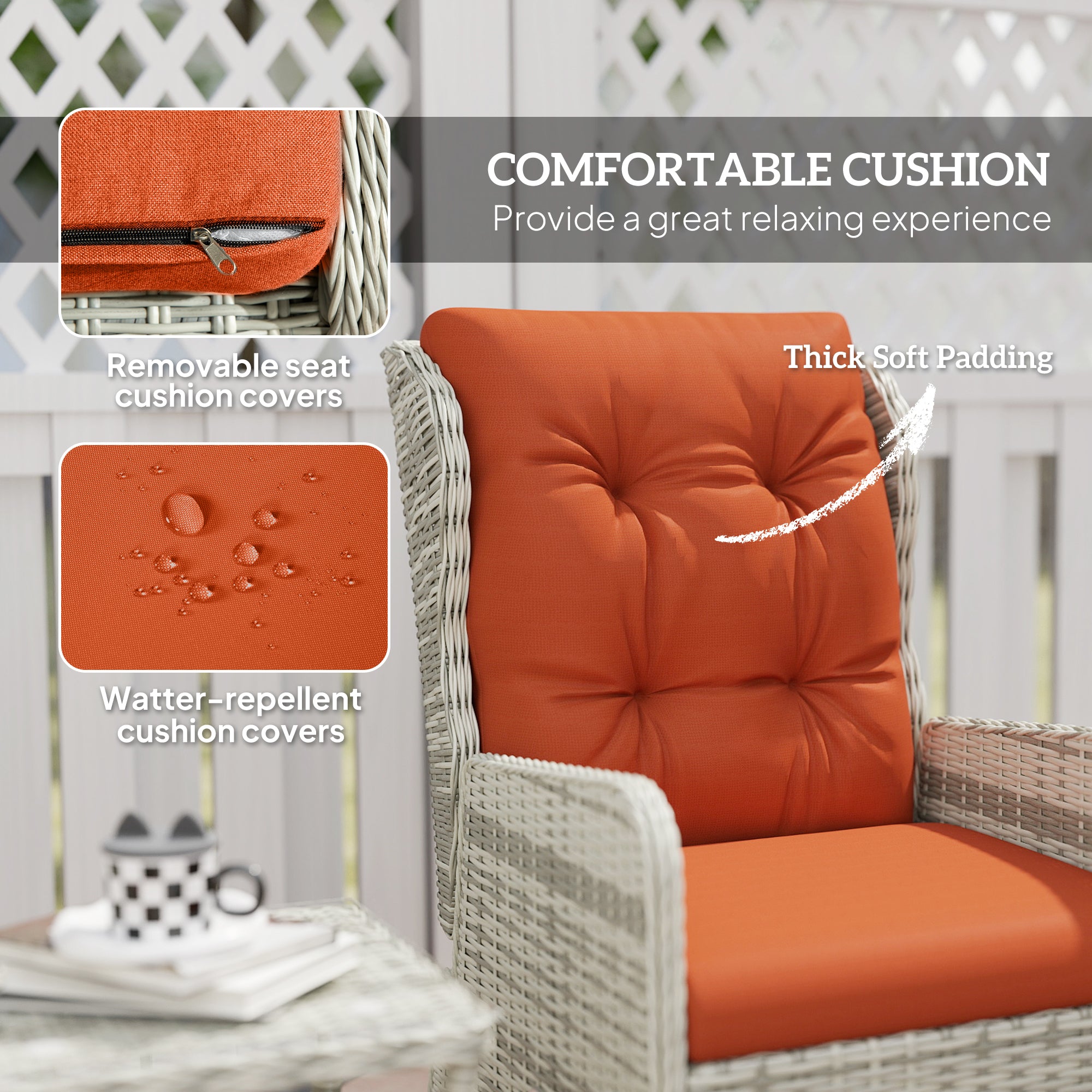5 Piece Rattan Bistro Set with Cushions and Glass Table Top - Orange