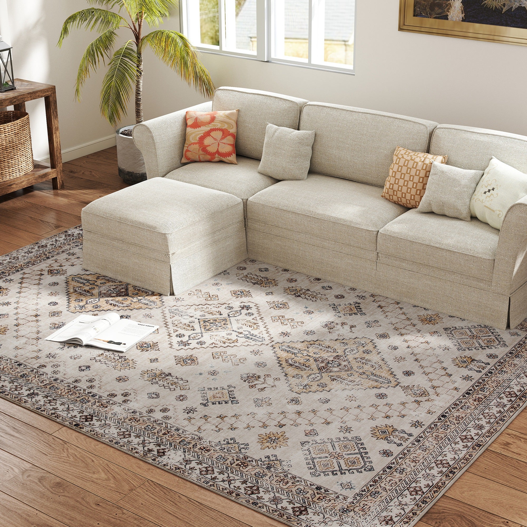 Vintage Area Rug, Non-Slip Washable Rug, Flannel Floor Carpet for Living Room, Bedroom, Dining Room, Home Office, 290 x 200 cm, Beige