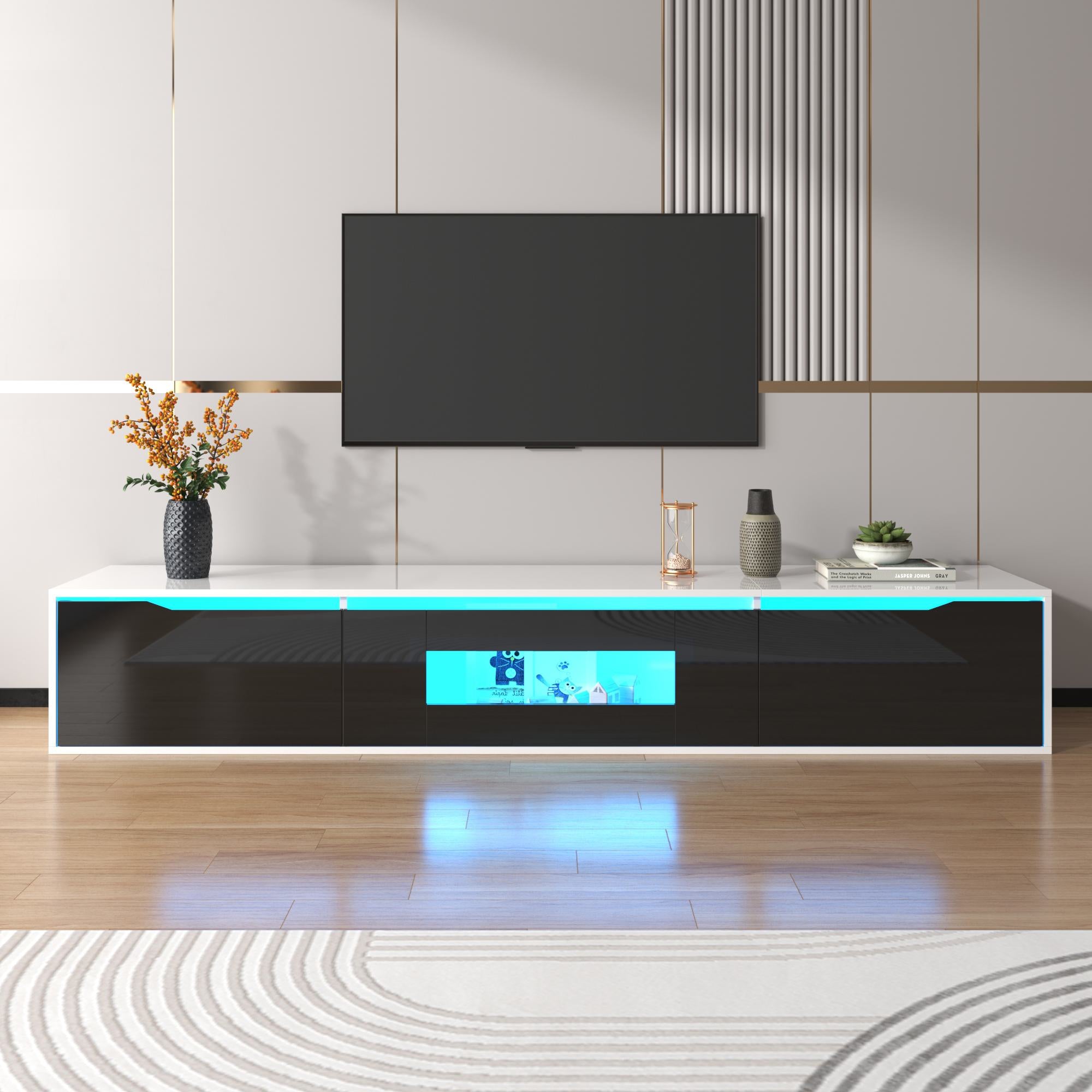 High-Gloss TV Cabinet with LED Lights, Modern Design, Versatile Mounting Options, 180L x 35W x 30H cm, Black