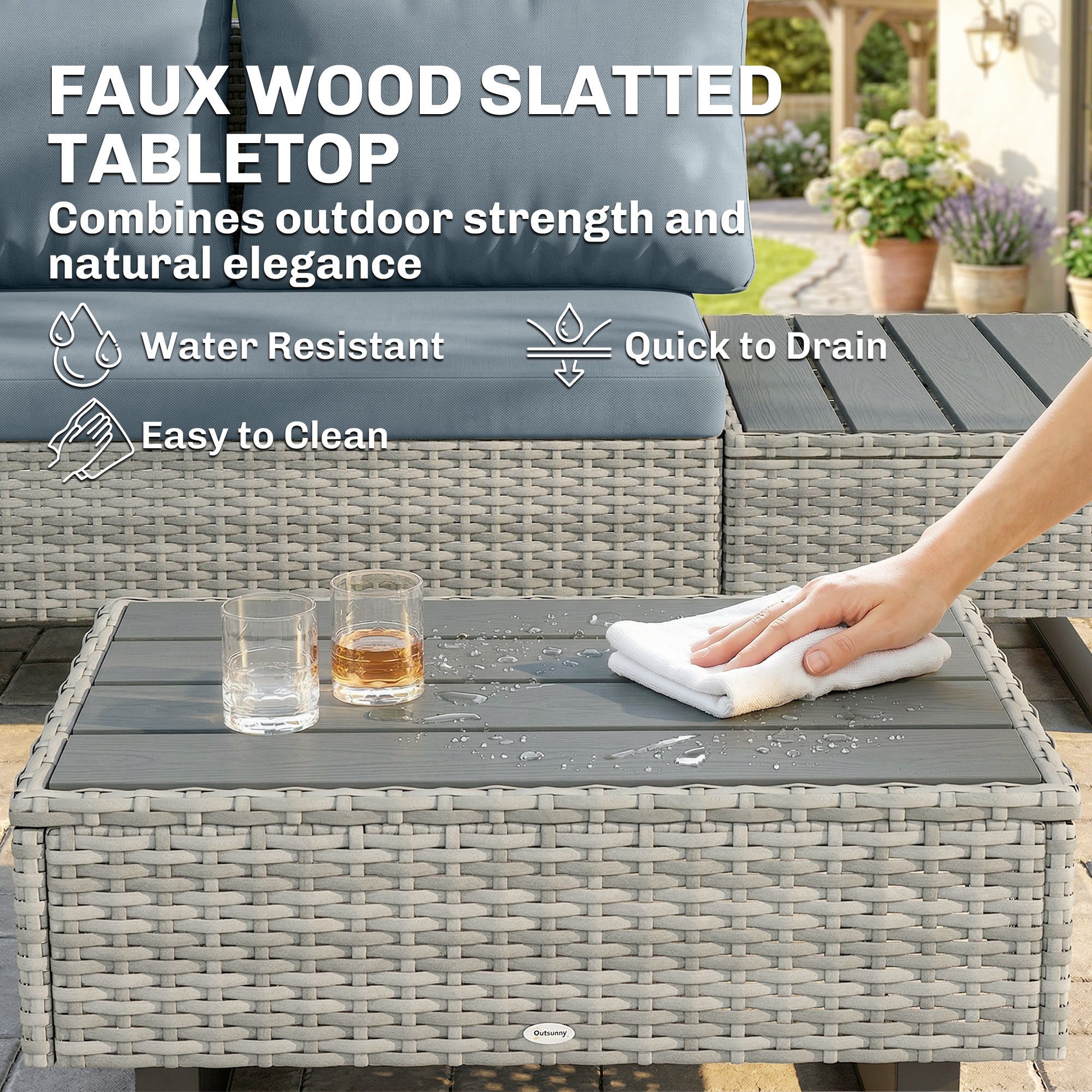 5 Seater Rattan Garden Furniture Set, L Shaped Garden Corner Sofa, Adjustable Back, Faux Wood Tables, Grey