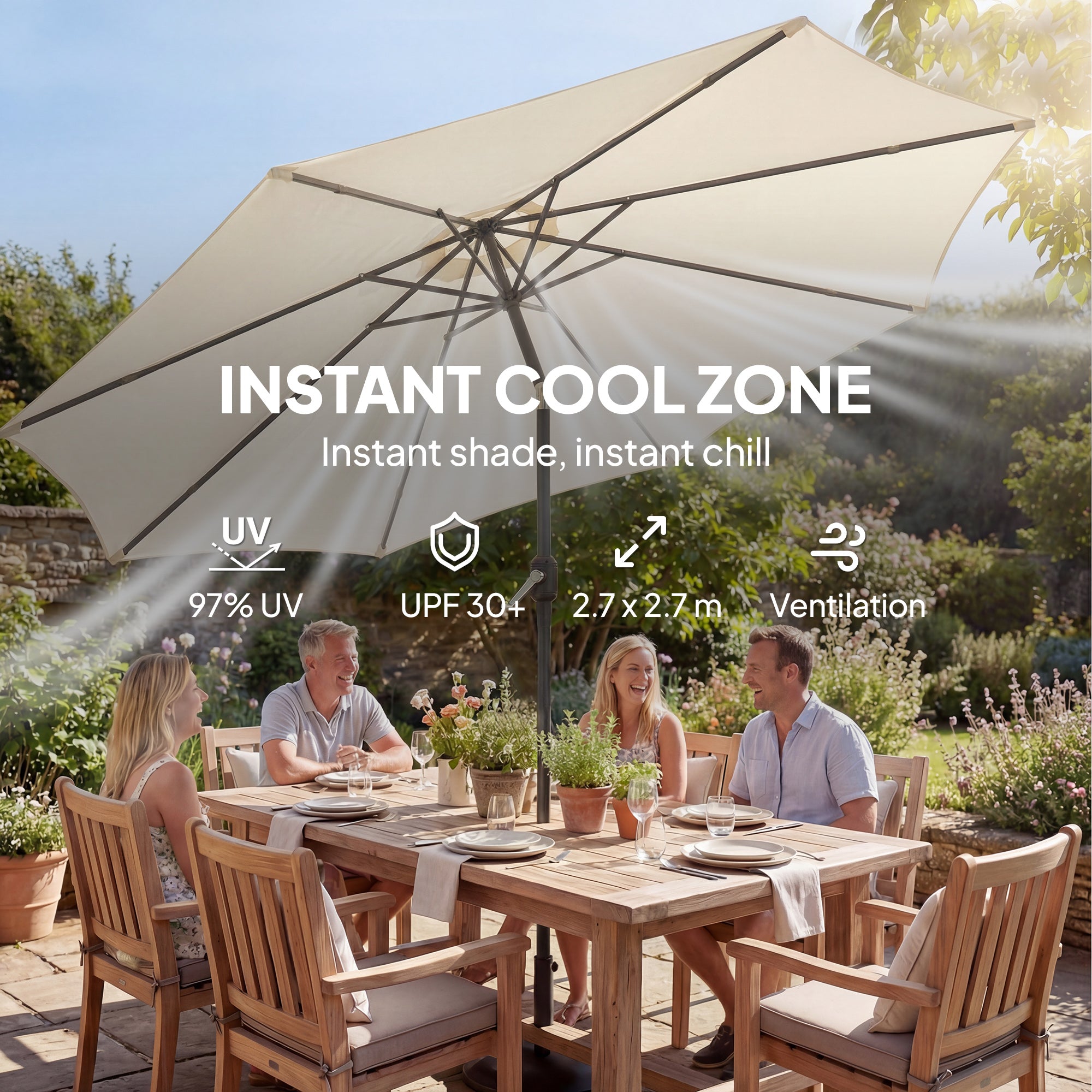 2.7 m Garden Parasol Umbrella with Cross Base and Sandbag, Retractable Ribs, Outdoor Table Market Umbrella, Cream White