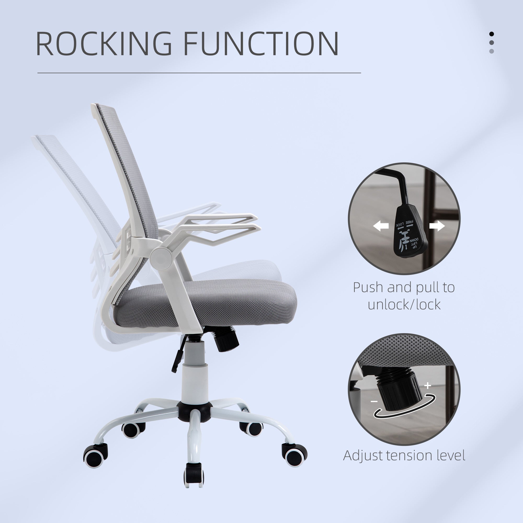 Home Office Furniture Set, Modern Computer Desk with Storage Shelf and Ergonomic Mesh Chair with Flip-Up Arms, Lumbar Support, Adjustable Height, Swivel Wheels, White and Grey