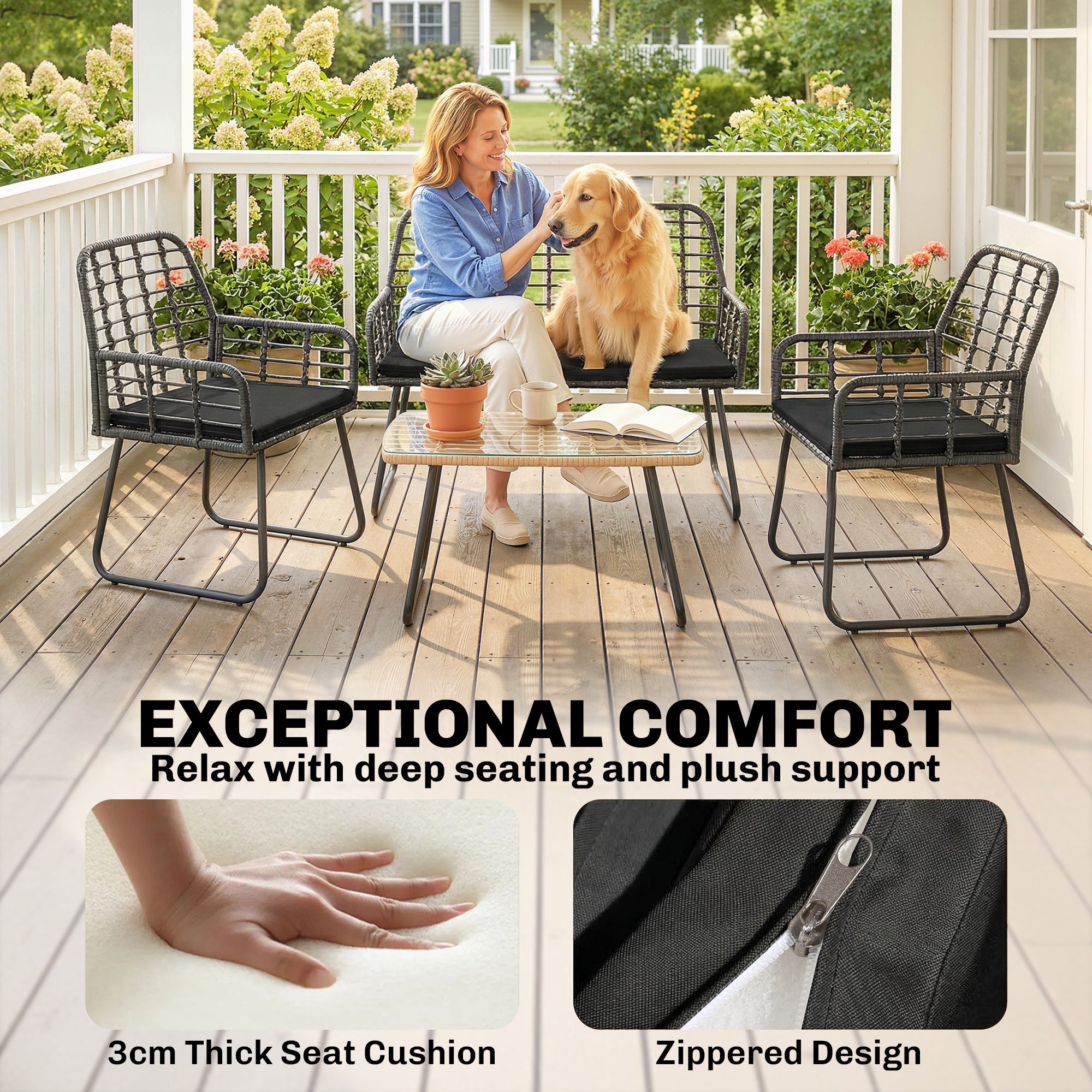 4 Piece Rattan Garden Furniture Set, Outdoor Patio Furniture with Loveseat, Armchairs and Coffee Table