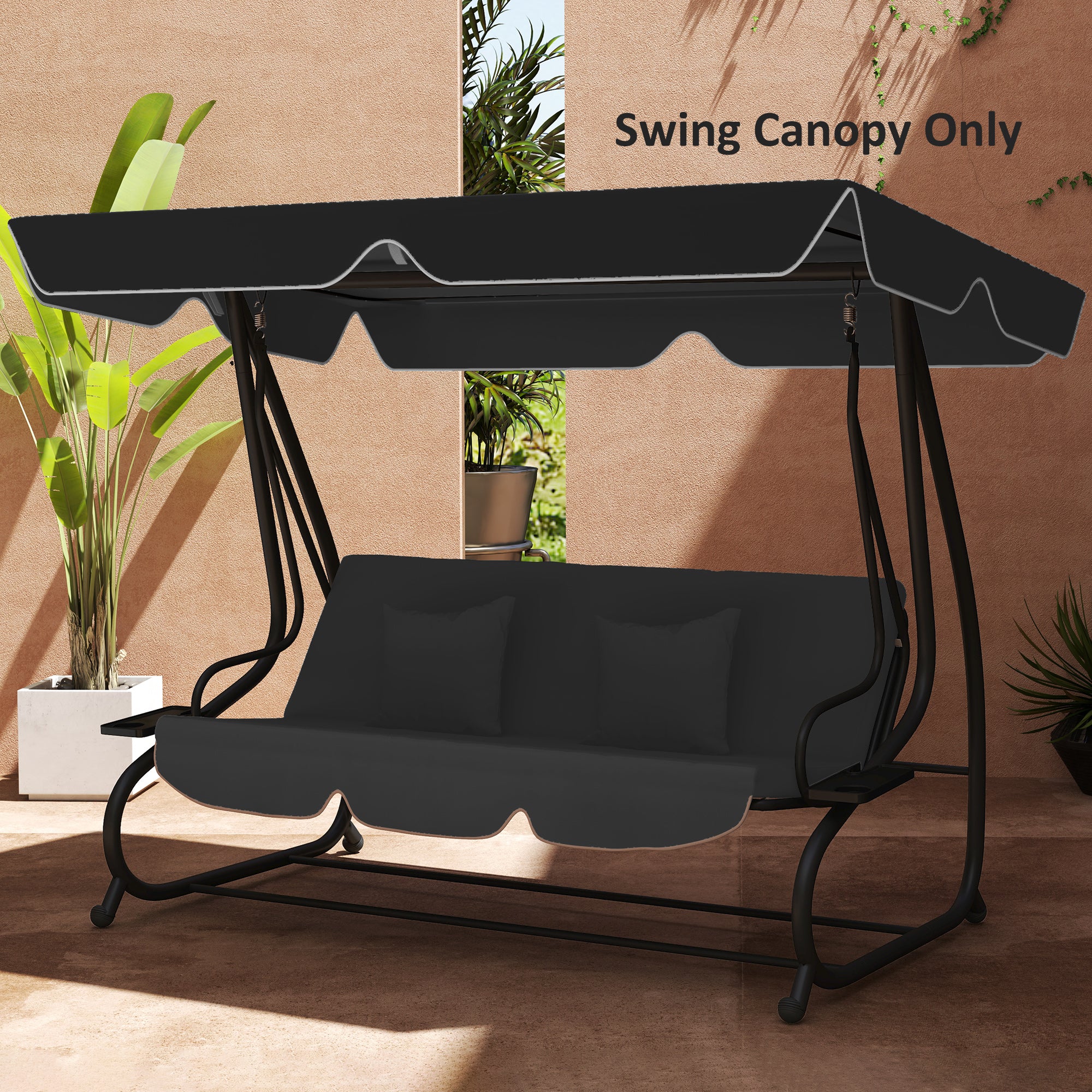 Garden Swing Canopy Replacement 3 Seater, Waterproof Garden Swing Seat Canopy Cover, Windproof Anti-UV Sun Shade (Canopy Only) for Patio, Balcony, Black