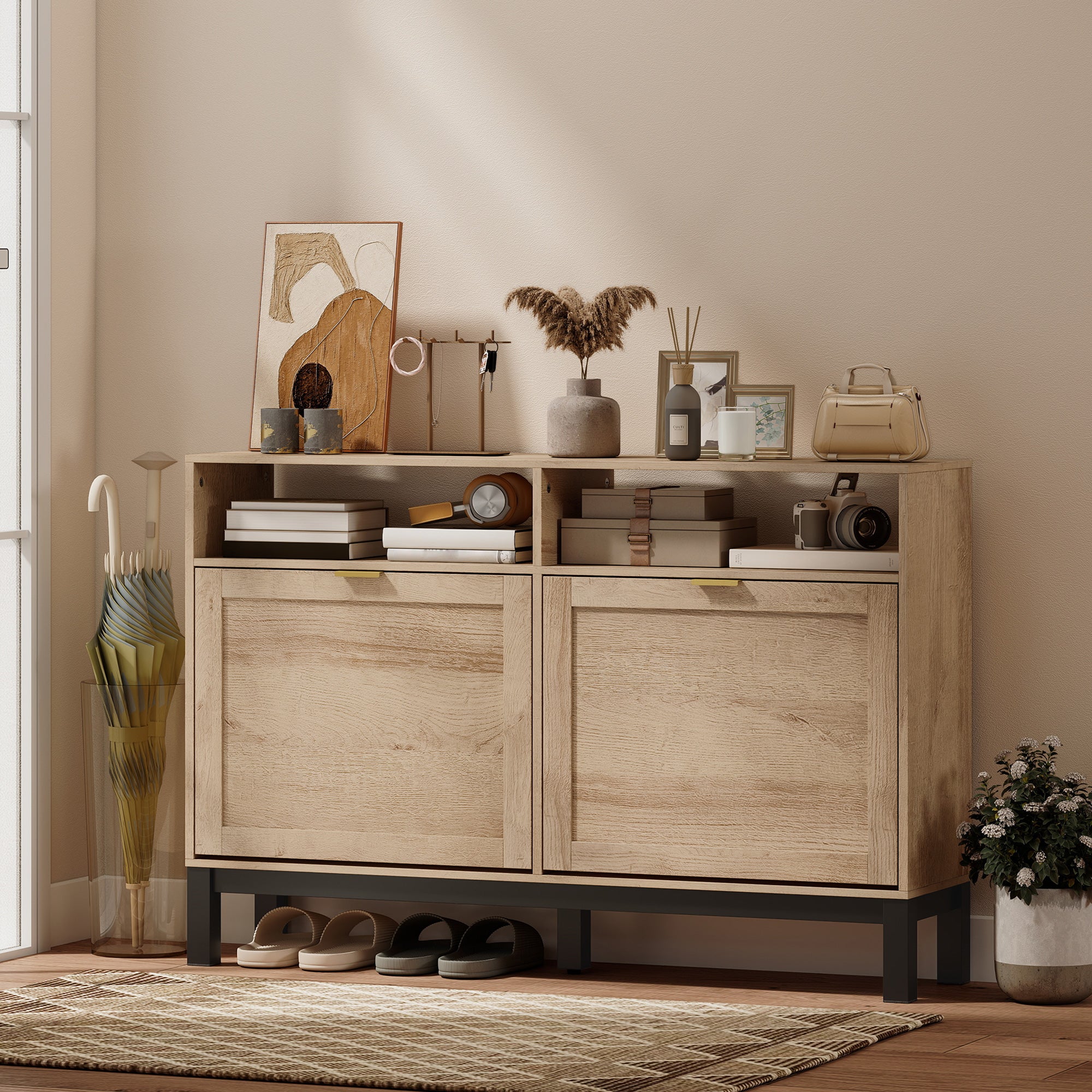 Shoe Cabinet with 2 Flip Drawers, Narrow Shoe Storage Top for Entryway Hallway, Walnut Brown