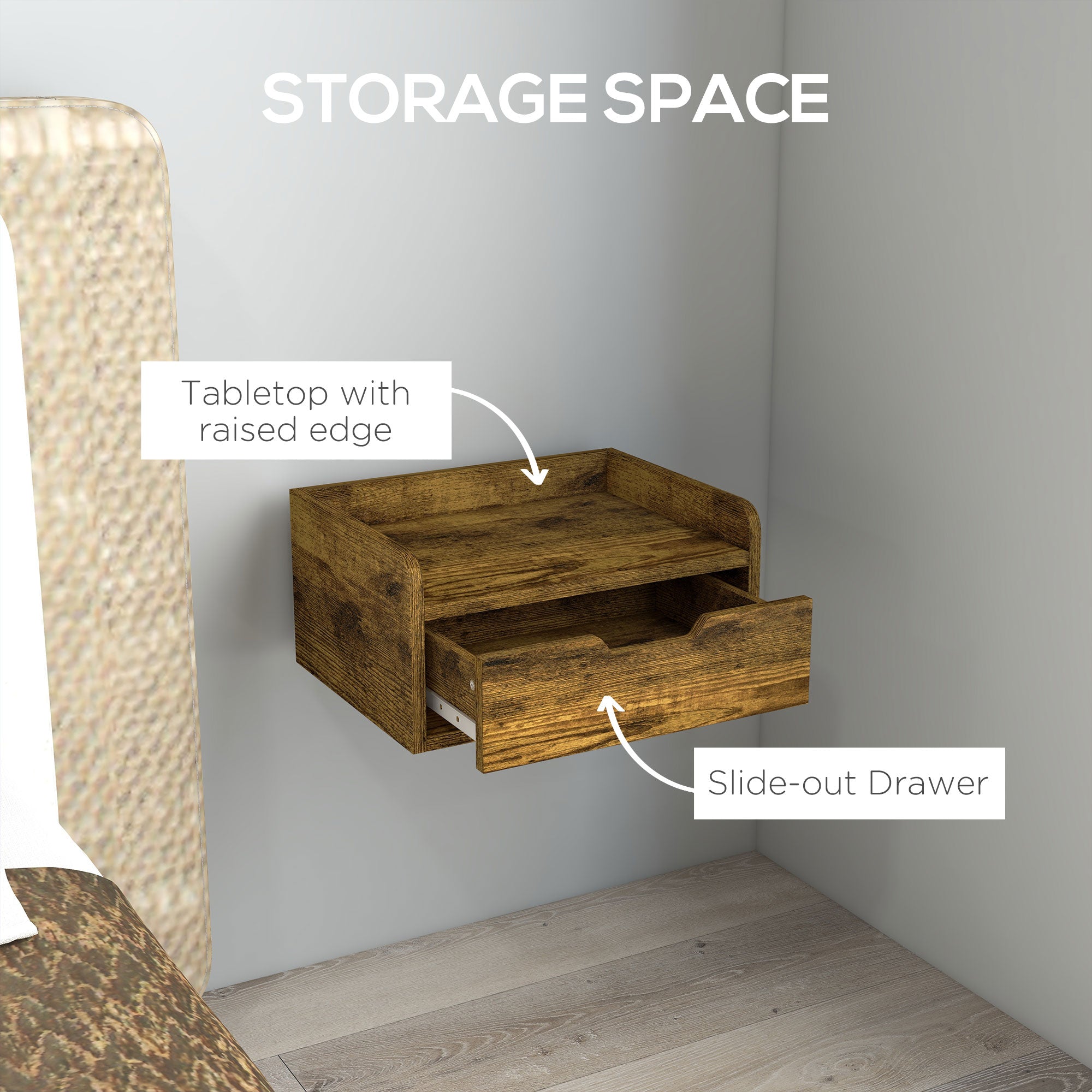 Floating Nightstand Set of 2 Wall Mounted Bedside Table with Storage Drawer for Bedroom, Rustic Brown