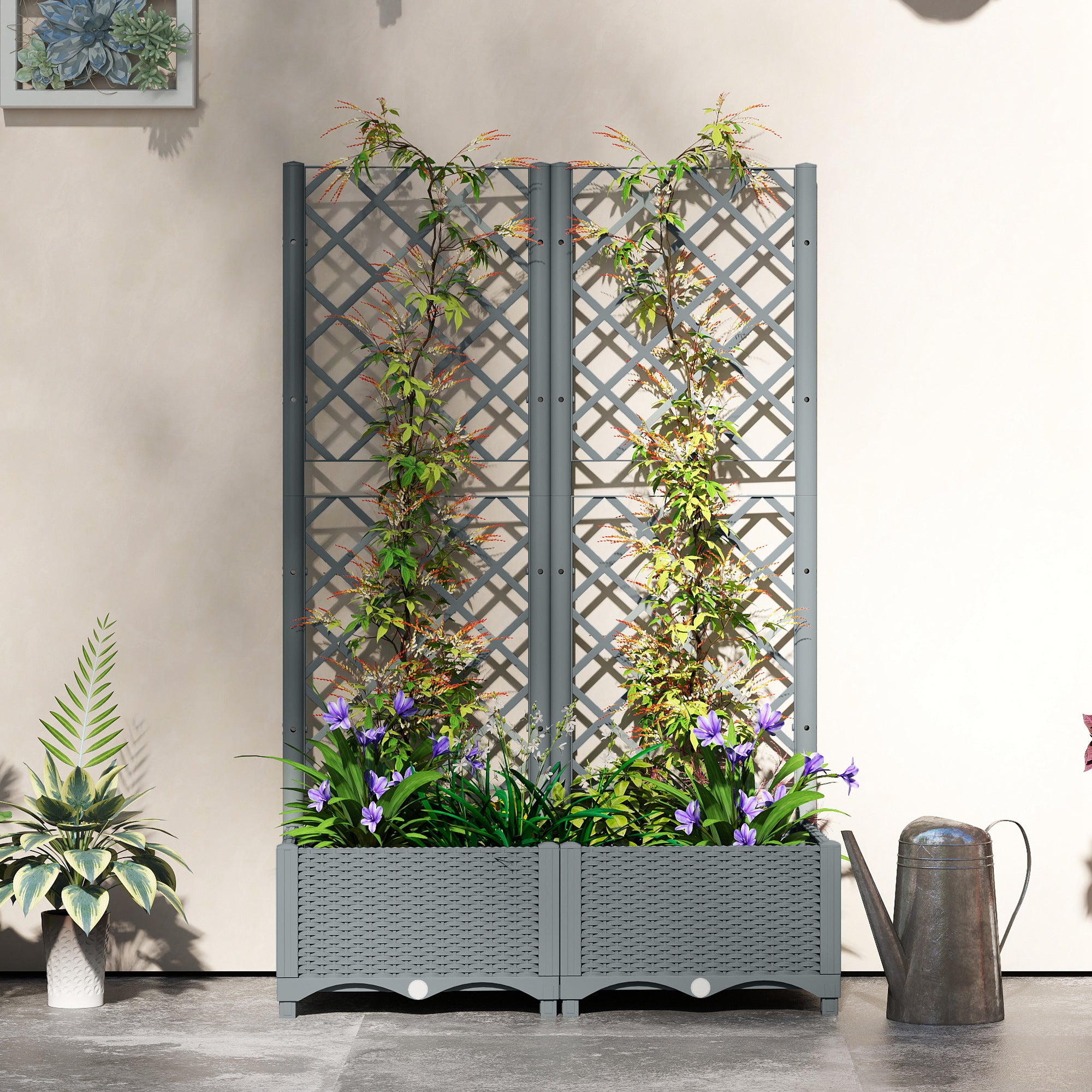 Raised Garden Bed with Trellis, Plastic Planter Box with Drainage Holes, Drain Plugs and Water Reservoirs for Climbing Plants, Vegetables, Flowers, Grey