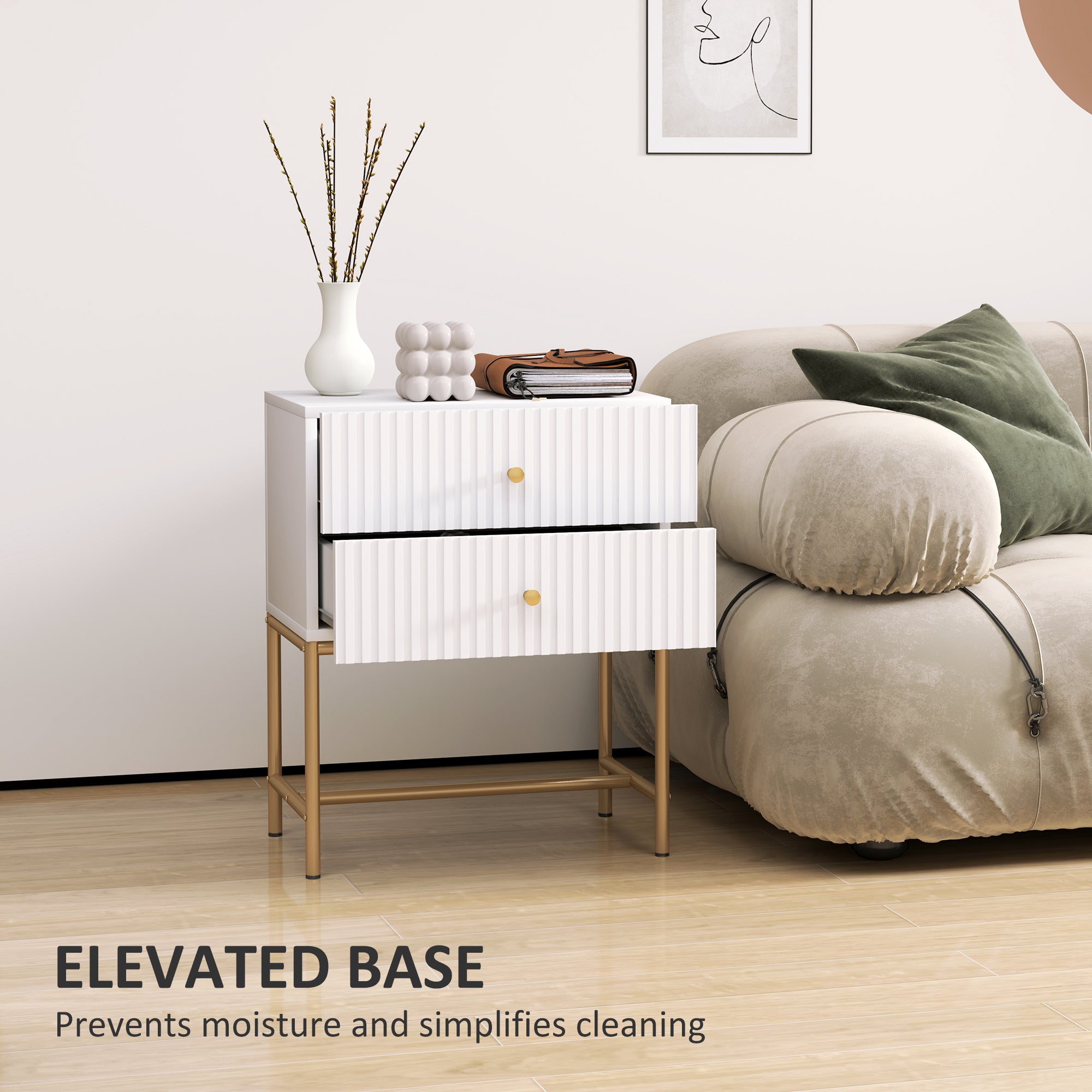 Elegant Two-Drawer Bedside Table with Gold Handles - White