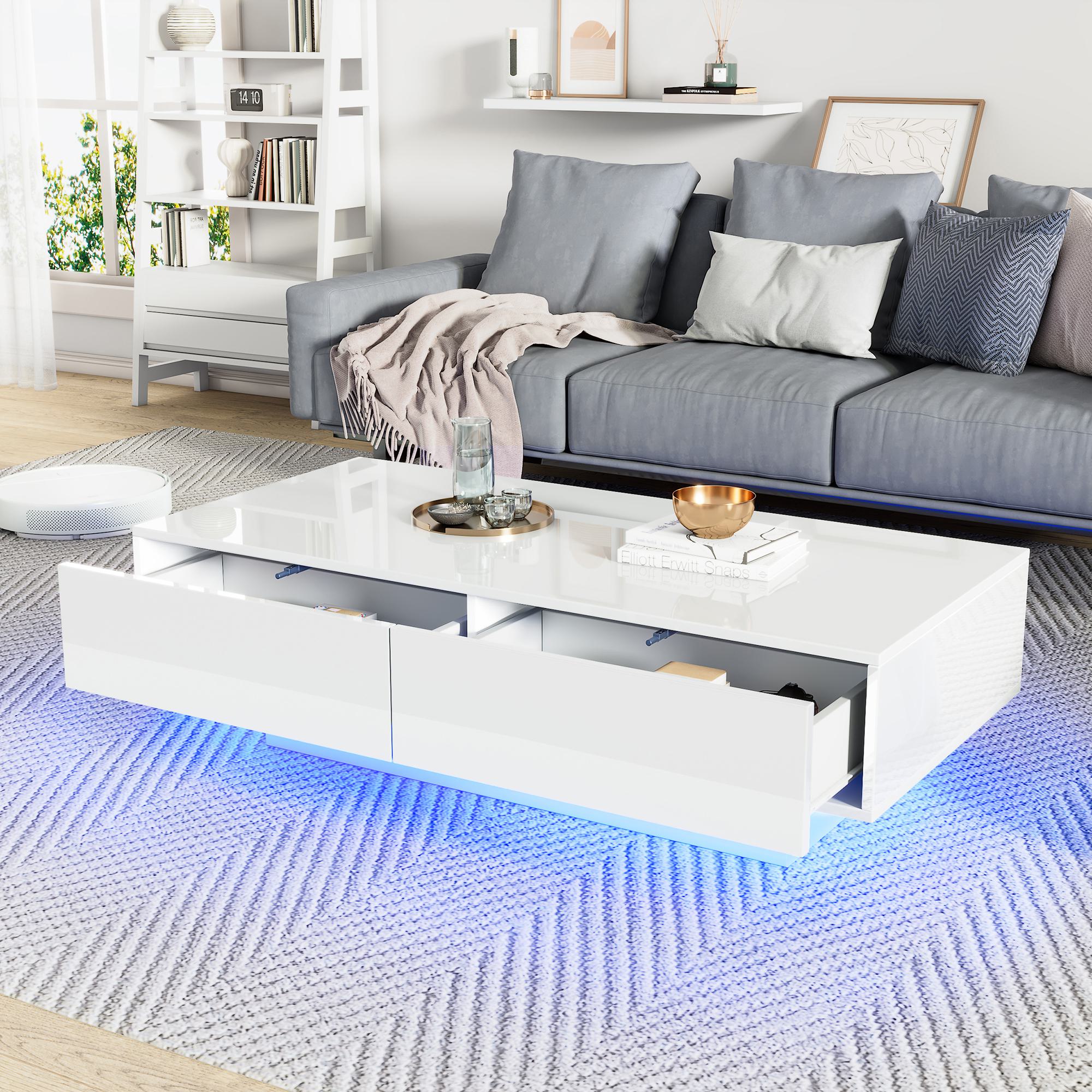 High Gloss LED Coffee Table with 2 Drawers and Bluetooth Control, Tea Table with Particle Board, 115L x 55W x 34H cm, White