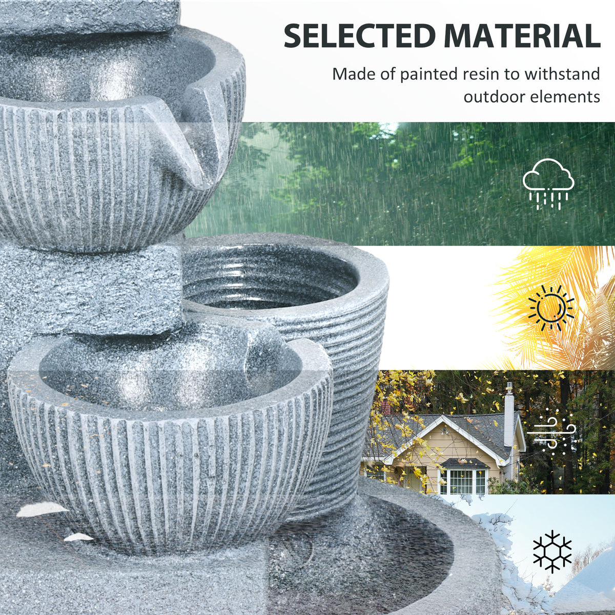 Solar Powered Four-Tier Outdoor Water Fountain with LED Lighting - Dark Grey