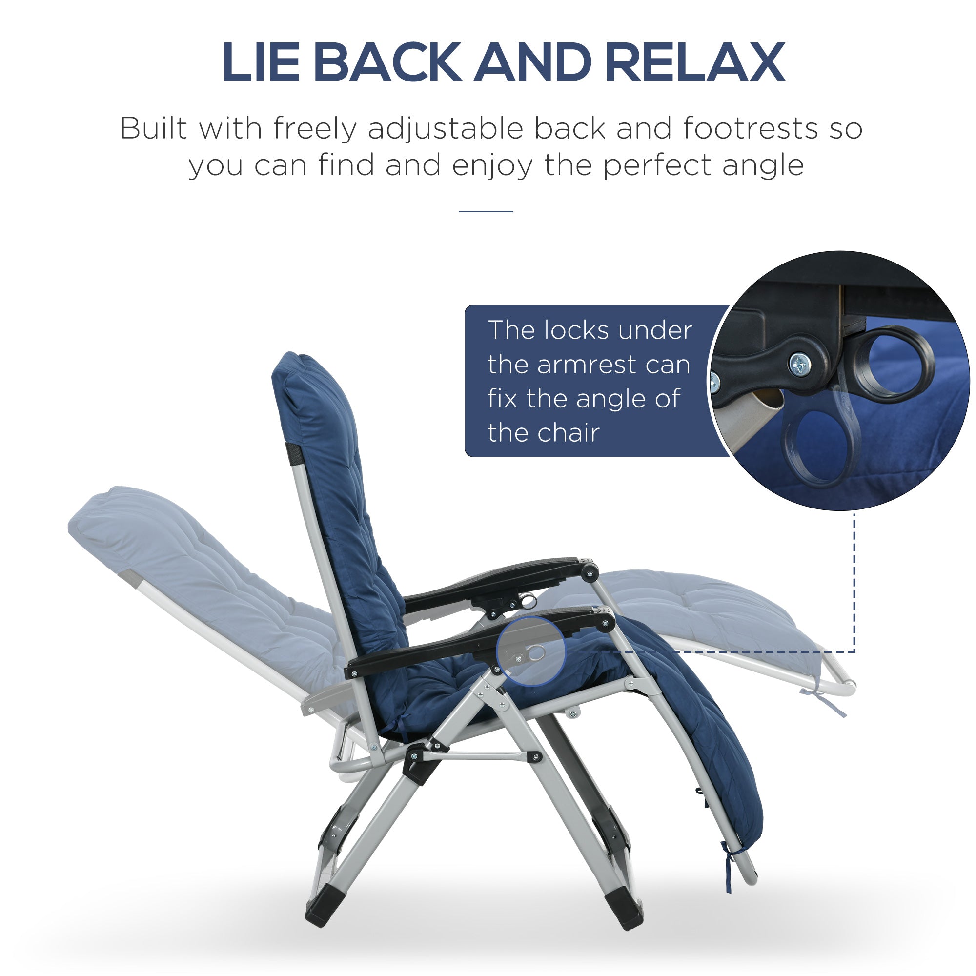 2pc Reclining Zero Gravity Sun Loungers ,Folding Chaise Lounge Chair with Cushions, Blue