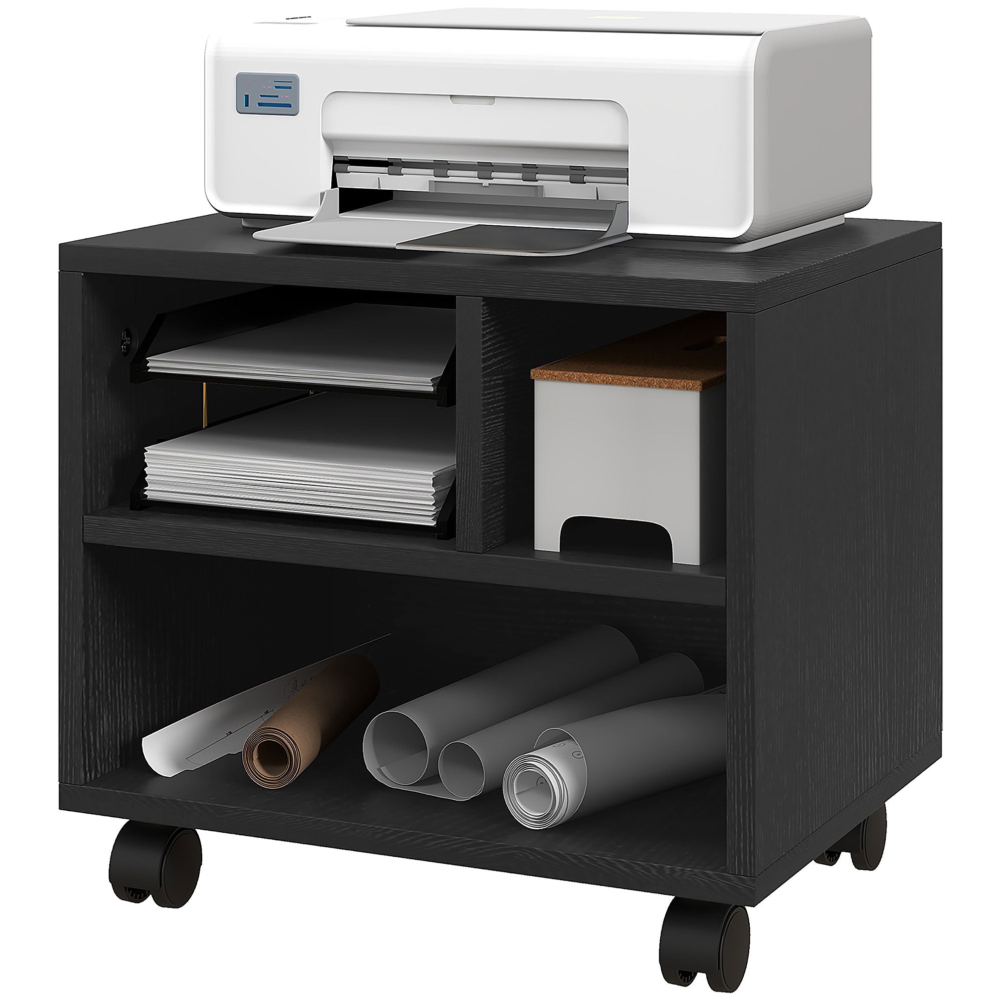 Three-Compartment Printer Cabinet, with Wheels - Black