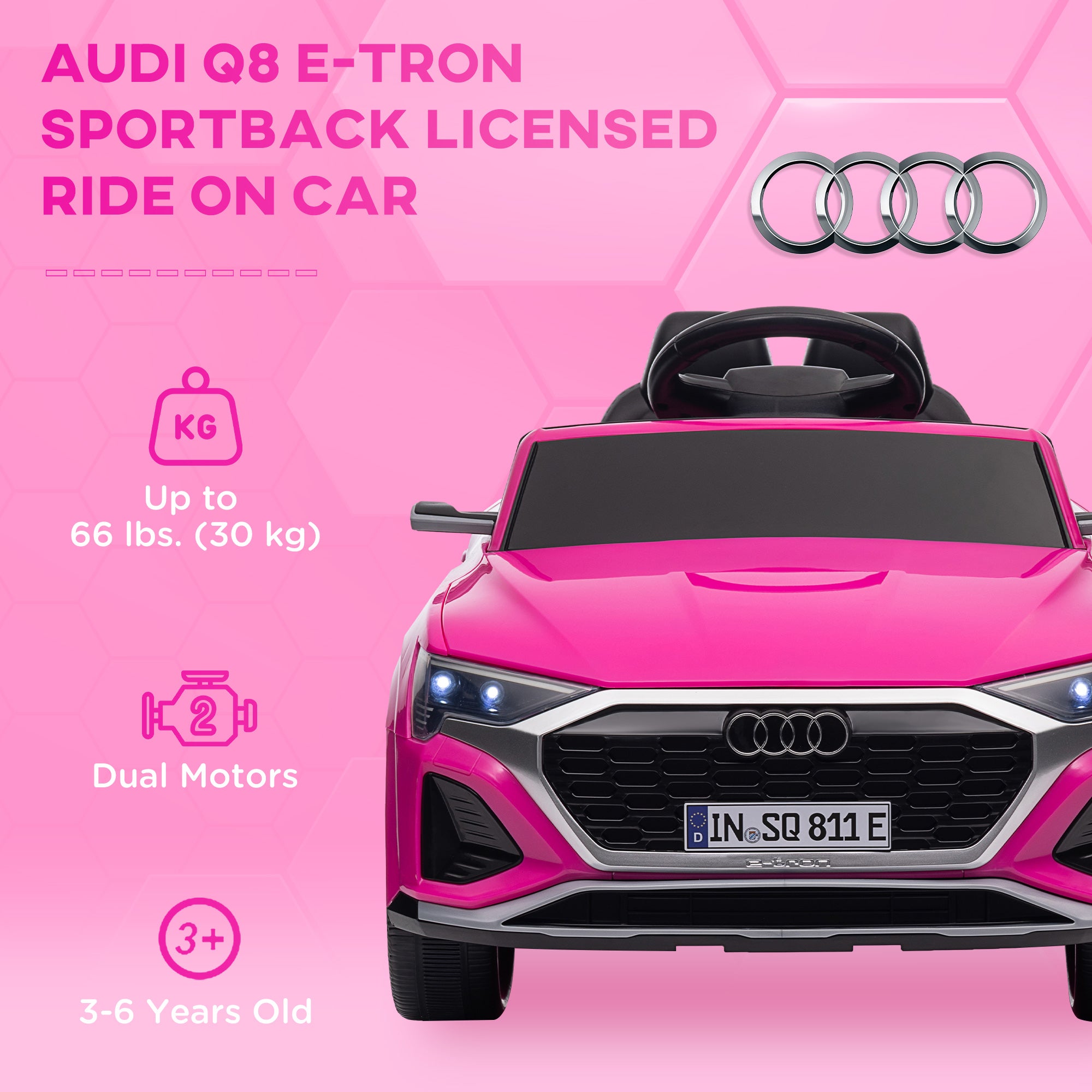 Audi Q8 e-tron Sportback Licensed 12V Ride-On Car with Remote, Suspension, Headlights, Music, Horn - Pink