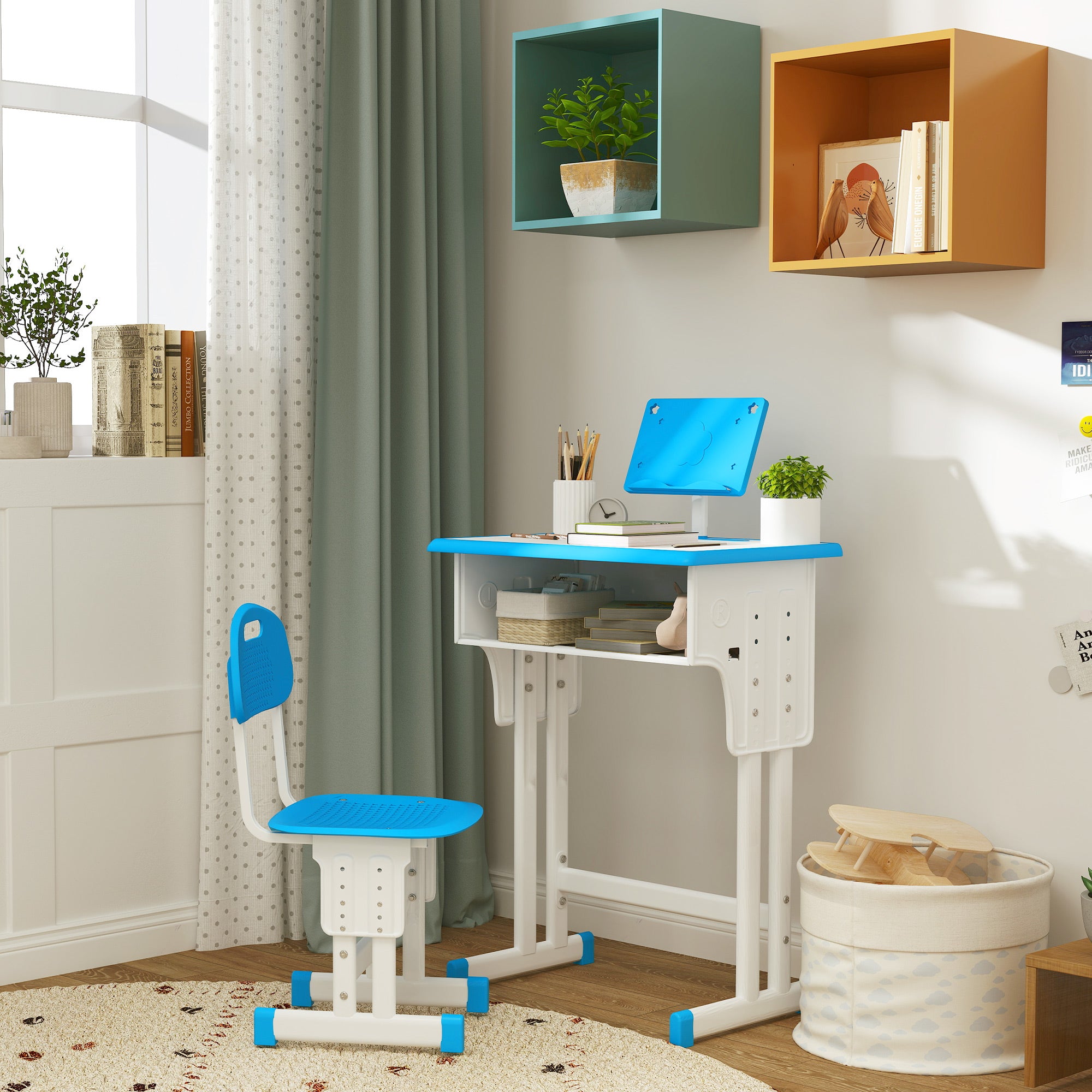 Kids Adjustable Desk and Chair Set, Book Stand, Pen Slot - Blue